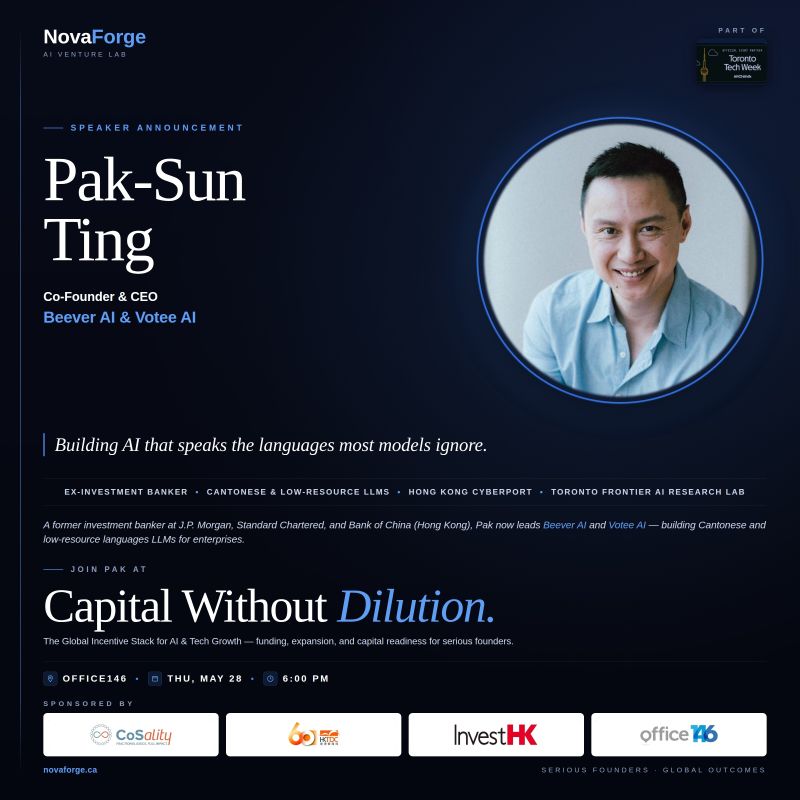 Beever_AI's tweet photo. 🎉Excited to announce that Pak-Sun Ting, our Co-Founder & CEO of Beever AI and Votee AI, will be joining the panel discussion at "Capital Without Dilution: The Global Incentives Stack for AI & Tech Growth" hosted by NovaForge AI Venture Lab Inc. during Toronto Tech Week!⚡

With a background in investment banking at J.P. Morgan, Standard Chartered, and Bank of China (Hong Kong), and now leading globally recognized AI ventures, Pak-Sun Ting brings real-world insight into building, scaling, and funding AI startups internationally.

For founders, operators, and startups looking to better understand capital strategy, international expansion, and how to grow without unnecessary dilution, this will be a highly valuable conversation.

Looking forward to an incredible evening with founders, investors, and ecosystem leaders across the AI & tech space.

📍 At Office146 Inc. 📅 Thursday, May 28 🕕 6:00 PM

Tickets & details here: 👉 https://t.co/poed9TnupG

With @TOtechweek @InvestHK 

#TorontoTechWeek #AI #NovaForge #StartupEcosystem #Founders #Investors #Entrepreneurship #AIStartups