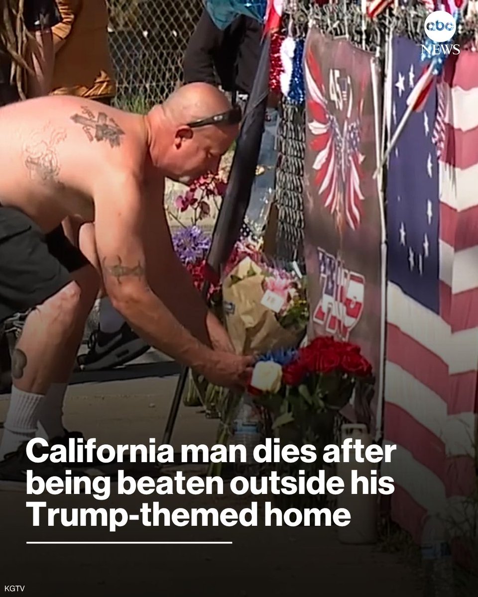 ABC's tweet photo. A 69-year-old Southern California man known for the display of American flags and Make America Great Again memorabilia he kept in his front yard has died, days after being attacked and beaten outside his home, authorities said. https://t.co/L33zLNqmBl https://t.co/M8tAKIr46t