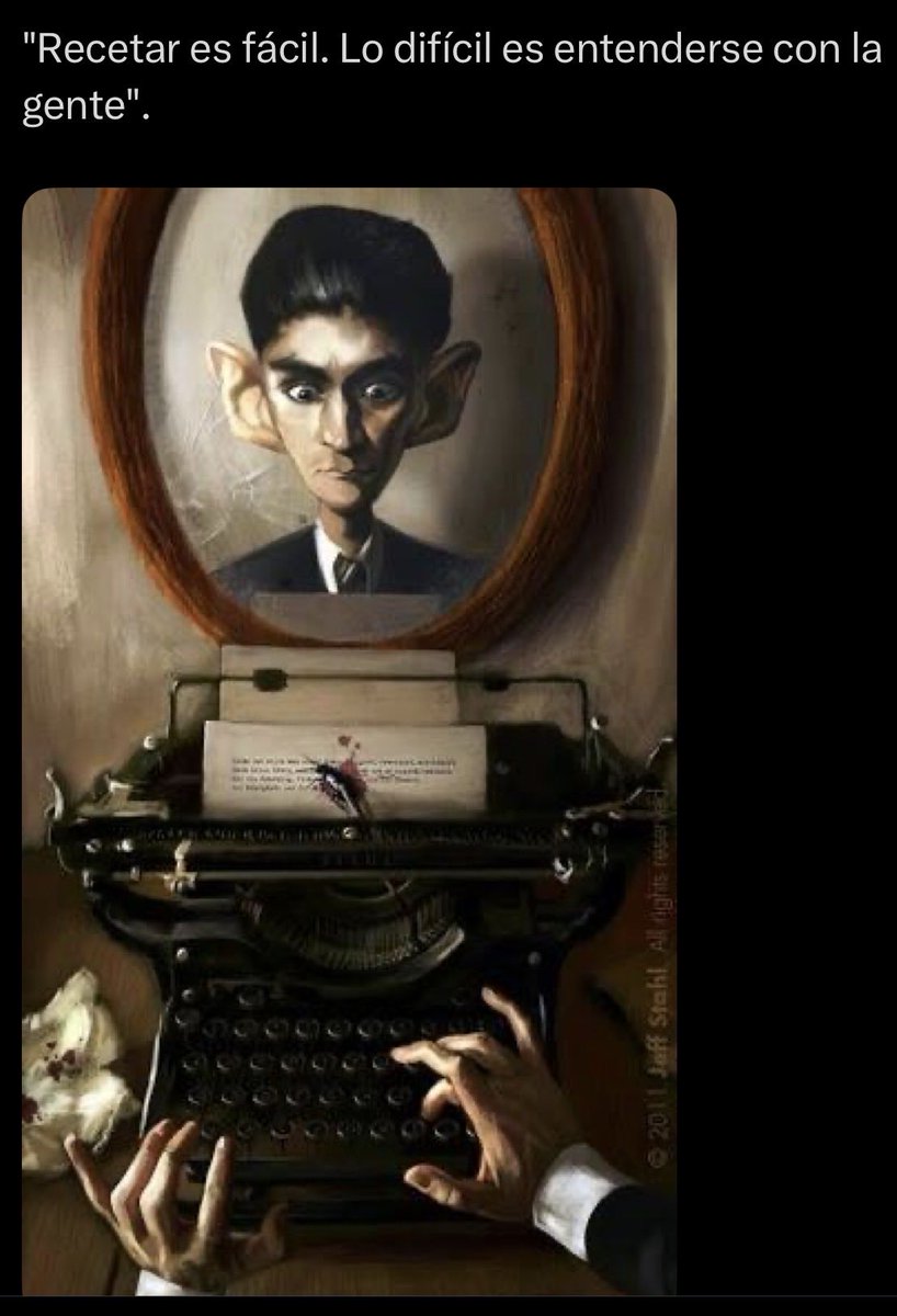 Johnbo100's tweet photo. Kafka, con ojo clínico, separa dos aspectos de la actividad médica:
1. Evaluar, diagnosticar, prescribir. Una acción "científica", "técnica". La verdad, sencilla.
2. Dialogar con el paciente: escucharlo, preguntarle, entenderlo, hacerse entender, acompañarlo. La verdad, complejo. https://t.co/SiS37nIs19