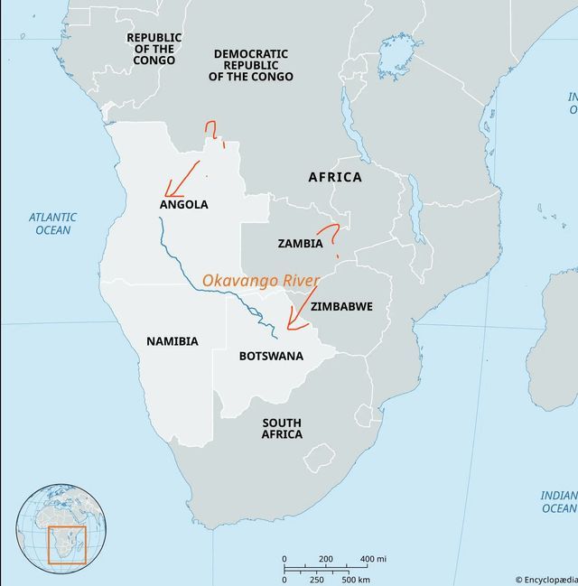 simongerman600's tweet photo. Geography trivia: The Okavango River is the river that never meets the sea. It flows from Angola into Botswana, spreads into a huge inland delta in the Kalahari, and then mostly vanishes through evaporation, plant transpiration and seepage into sandy soils. Source: https://t.co/SCOd02K9fv