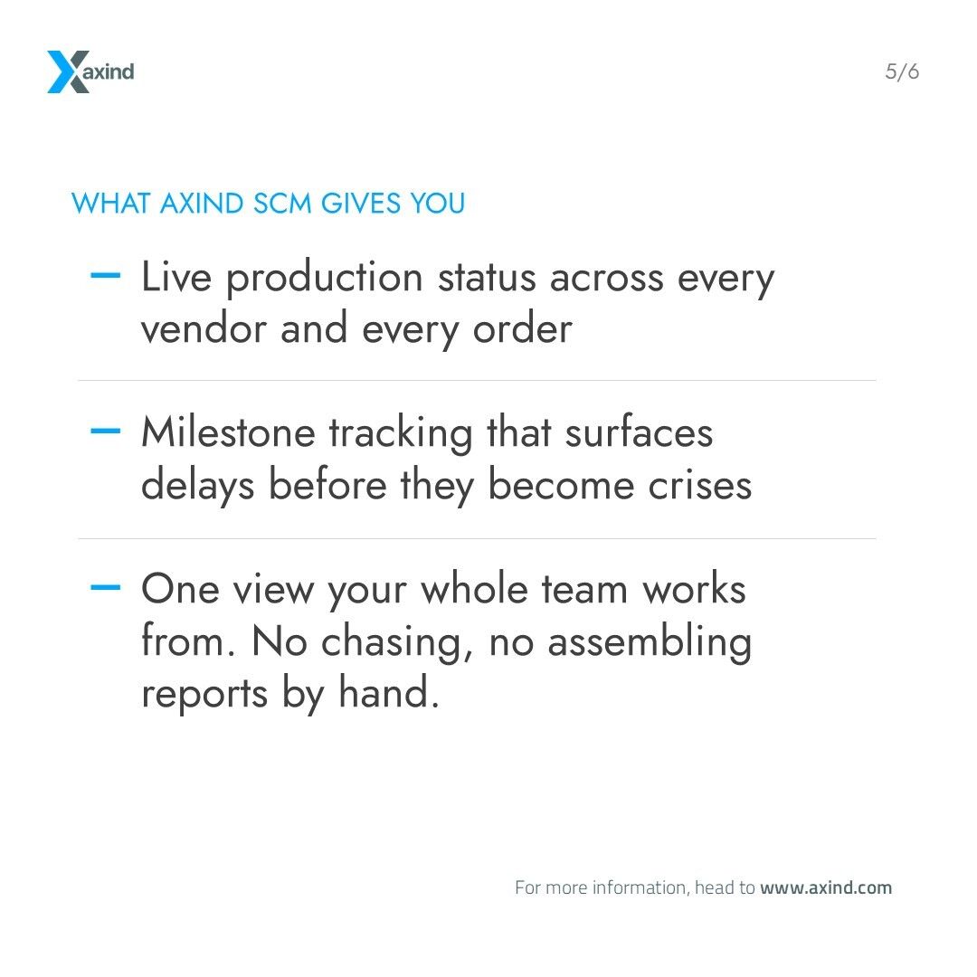 AxindSoftware's tweet photo. Live production status across every vendor and every order. Milestone tracking that surfaces delays before they become crises. One view your whole team works from — no chasing, no assembling reports by hand. https://t.co/BUhrm019bd