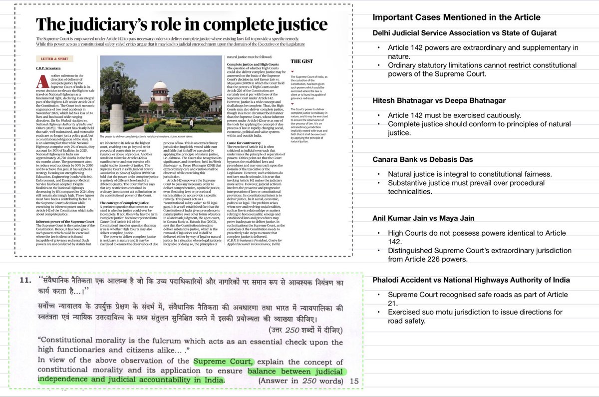 sid___dharth's tweet photo. 🚨UPSC Mains (GS-2)

Theme- “Judicial Independence vs Judicial Accountability” 

Imp Case
1. Hitesh Bhatnagar

Practice Q. The power of “complete justice” under Article 142 simultaneously strengthens constitutional morality and complicates separation of powers. Analyse.

#UPSC https://t.co/TTmSOzSHV2