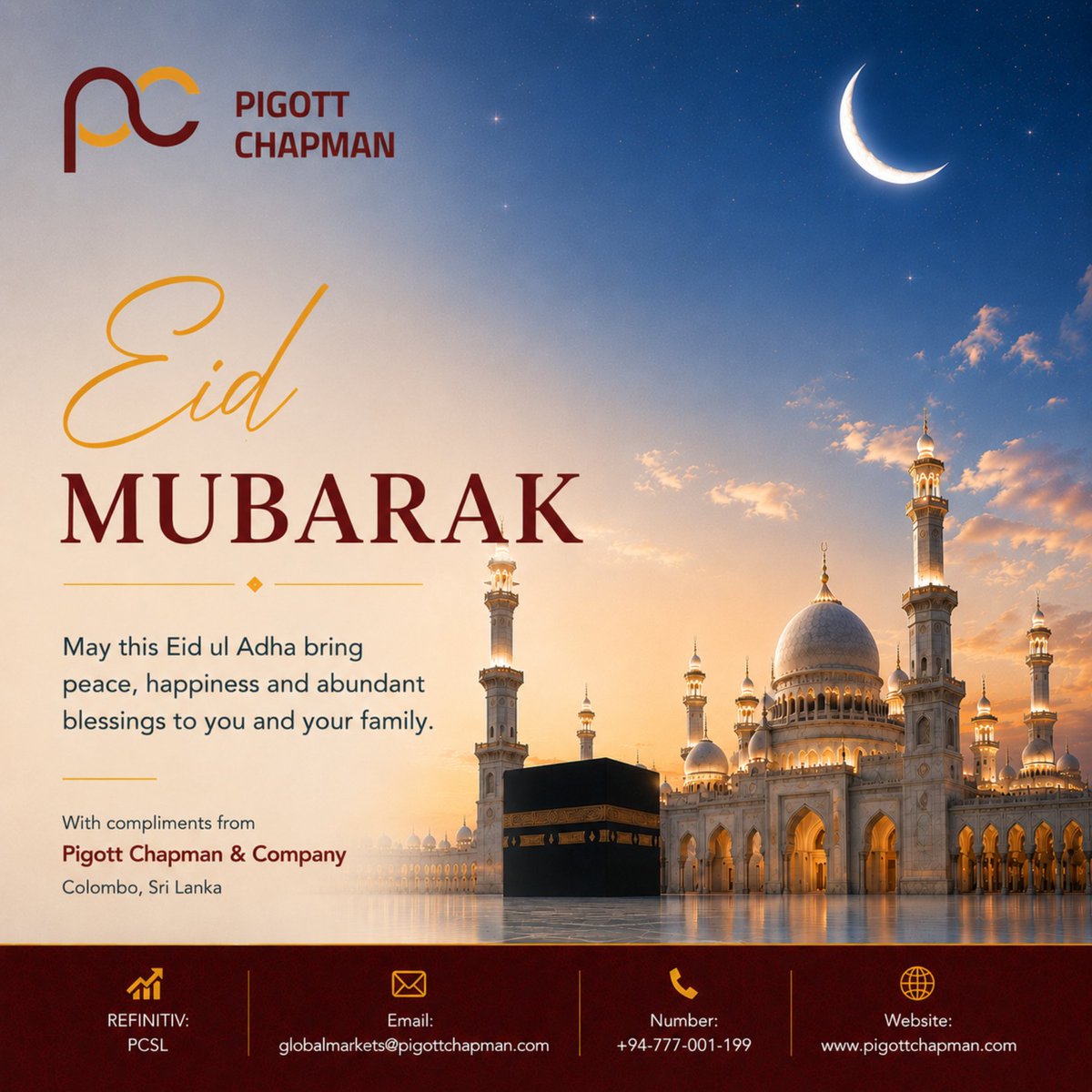 Pigottchapman's tweet photo. Wishing our clients and partners a blessed and peaceful Eid ul Adha. Eid Mubarak from all of us at Pigott Chapman &amp; Company.

#EidMubarak #EidulAdha #InterBankBroker #PigottChapman #PCSL #SriLanka https://t.co/KXTIsDPOrI