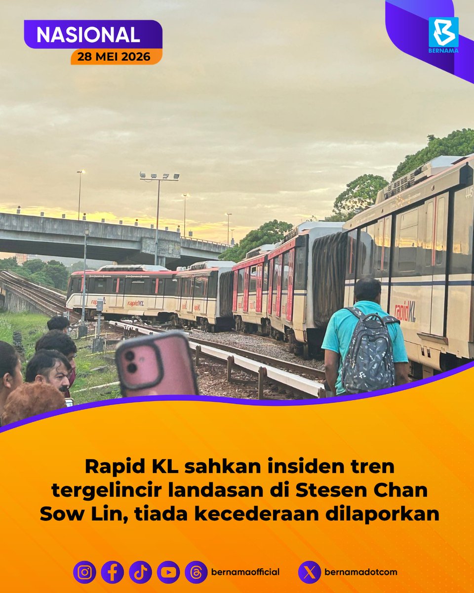 Bernama_Radio's tweet photo. Sebuah tren Laluan Ampang/Sri Petaling tergelincir ketika melalui kawasan suis landasan di Stesen Chan Sow Lin, berpunca daripada kerosakan suis landasan itu menyebabkan tren terbabit tidak dapat bergerak.  

Seramai 25 penumpang berada di dalam tren terbabit ketika kejadian.

Rapid KL turut mengesahkan kesahihan gambar-gambar insiden berkenaan yang tular melalui media sosial. 

📸Awam / Threads

https://t.co/ow3E0wLIrl