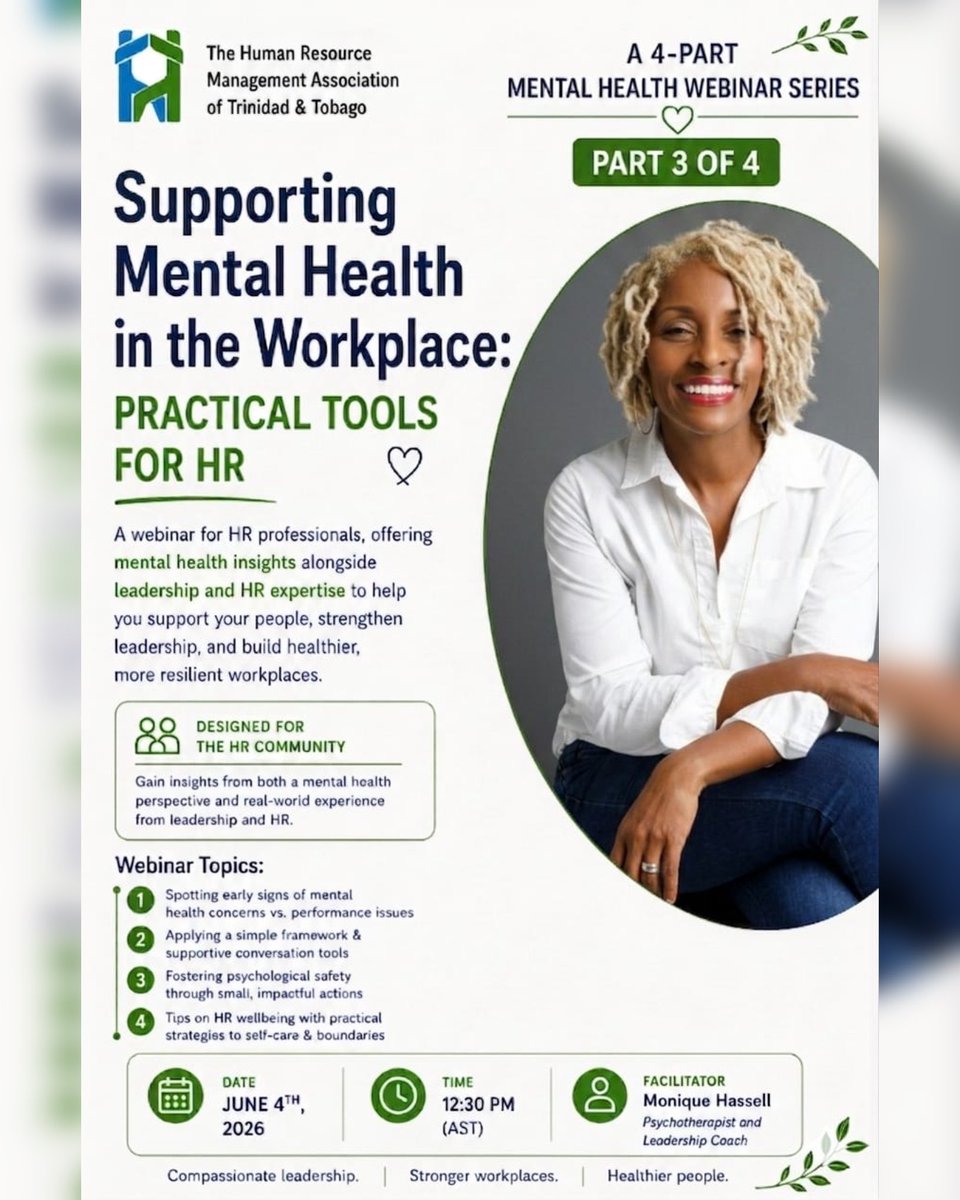 HRMATT1's tweet photo. 🌟 Supporting mental health isn’t just policy—it’s people in practice.

Join Part 3 of HRMATT’s Mental Health Leadership Webinar Series:
Explore practical tools for psychological safety, supportive conversations &amp; HR wellbeing.

🔗 Register: https://t.co/tzwmzcoAFb https://t.co/1jqZ6F21MM