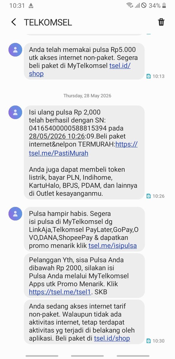 satriomiocester's tweet photo. Hi @Telkomsel saya penasaran dengan notif sms ini "Anda telah memakai pulsa Rp 2.000, untuk akses internet non-paket" kan connect ke wifi ya, kenapa pulsa tetap terpakai? Aneh juga, mohon penjelasannya. https://t.co/4DV6rxqHyz