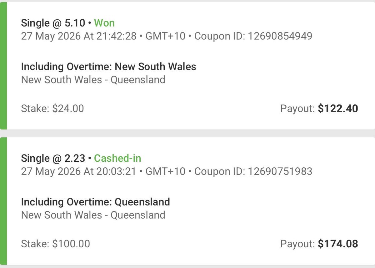 Andrew97439708's tweet photo. @unibet it’s moments like this that cash out is designed for. Taking an easy win, and then pumping some of those profits into the underdog. Big risk but even bigger reward. #cashoutking #stateoforigin https://t.co/M4kSukvYbY
