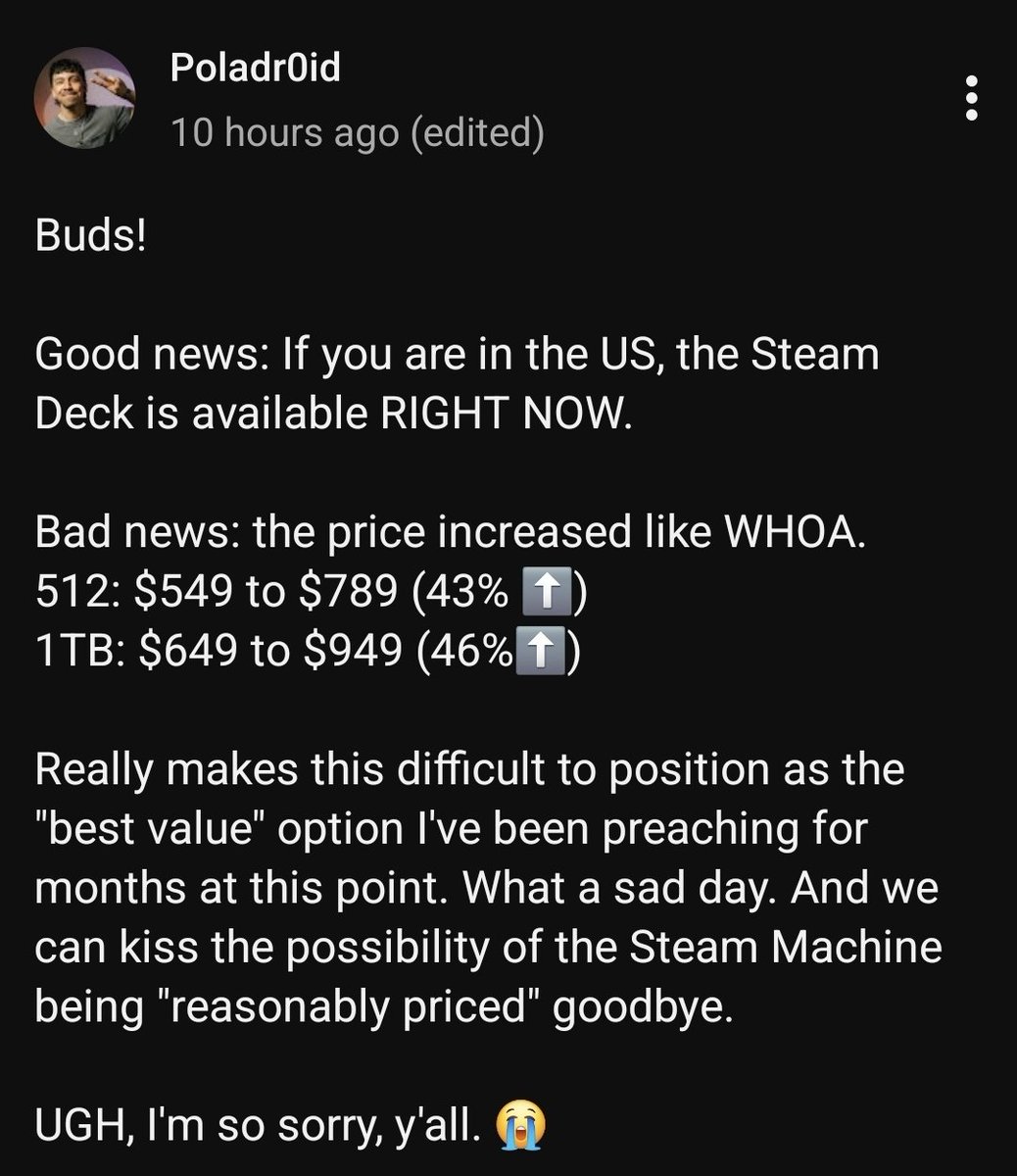 PlaymenID's tweet photo. Steam Deck harganya di US udah naik nyaris 50 persen dari harga awal.

Bikin creator spesialis Steam Deck ini udah gak bisa nganggap Steam Deck jadi "Best Value" lagi, karena jadi kemahalan. https://t.co/1wukqq01BB