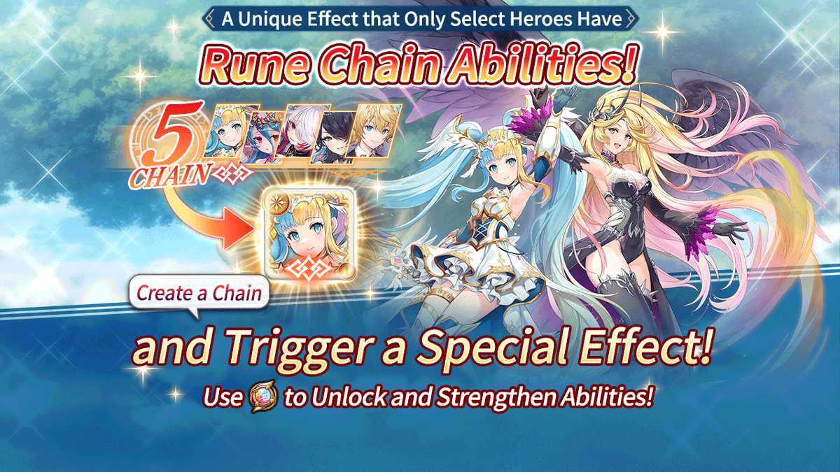 vconnect_en's tweet photo. New Feature Info [Part 2]

Rune Chain Abilities:
Fulfill certain conditions held by Resplendent Hel and certain other heroes to activate special effects!
Use hero-specific Rune Cores to unlock and raise ability levels!

Make full use of Rune Chain Abilities and take on Phantasmal Connect Battles!

#ValkyrieConnect