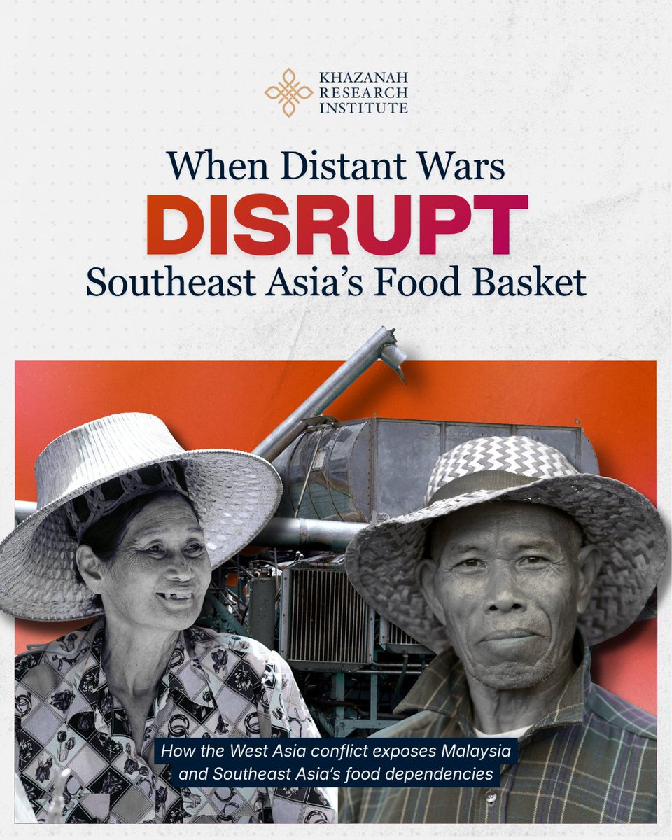 KRInstitute's tweet photo. Global shocks do not just weaken food systems; they expose why regional cooperation matters more than ever.

When distant wars disrupt supply chains, the effects are quickly felt in food availability and prices.

This discussion paper situates Malaysia and Southeast Asia’s food dependencies within a longer geoeconomic arc shaped by US–China rivalry. It argues that current disruptions are not isolated shocks, but reflect deeper structural dependencies across trade, production, agricultural inputs, and regional supply networks.

The researchers, Christopher Choong, Teoh Ai Ni, Nik Syafiah Anis Nik Sharifulden and Adam Firouz, together with visiting researcher Dania Arissa Muhamad Zaharin, find that strengthening food security requires expanding domestic capacity without lapsing into food isolationism. Instead, resilience depends on balancing national production with deeper regional cooperation, anchored in existing ASEAN frameworks.

Read the full discussion paper via our website here: ⁠https://t.co/AXeHNj2TaG

#KhazanahResearchInstitute #KRI #AdvancingMalaysia #foodsecurity #geoeconomics
