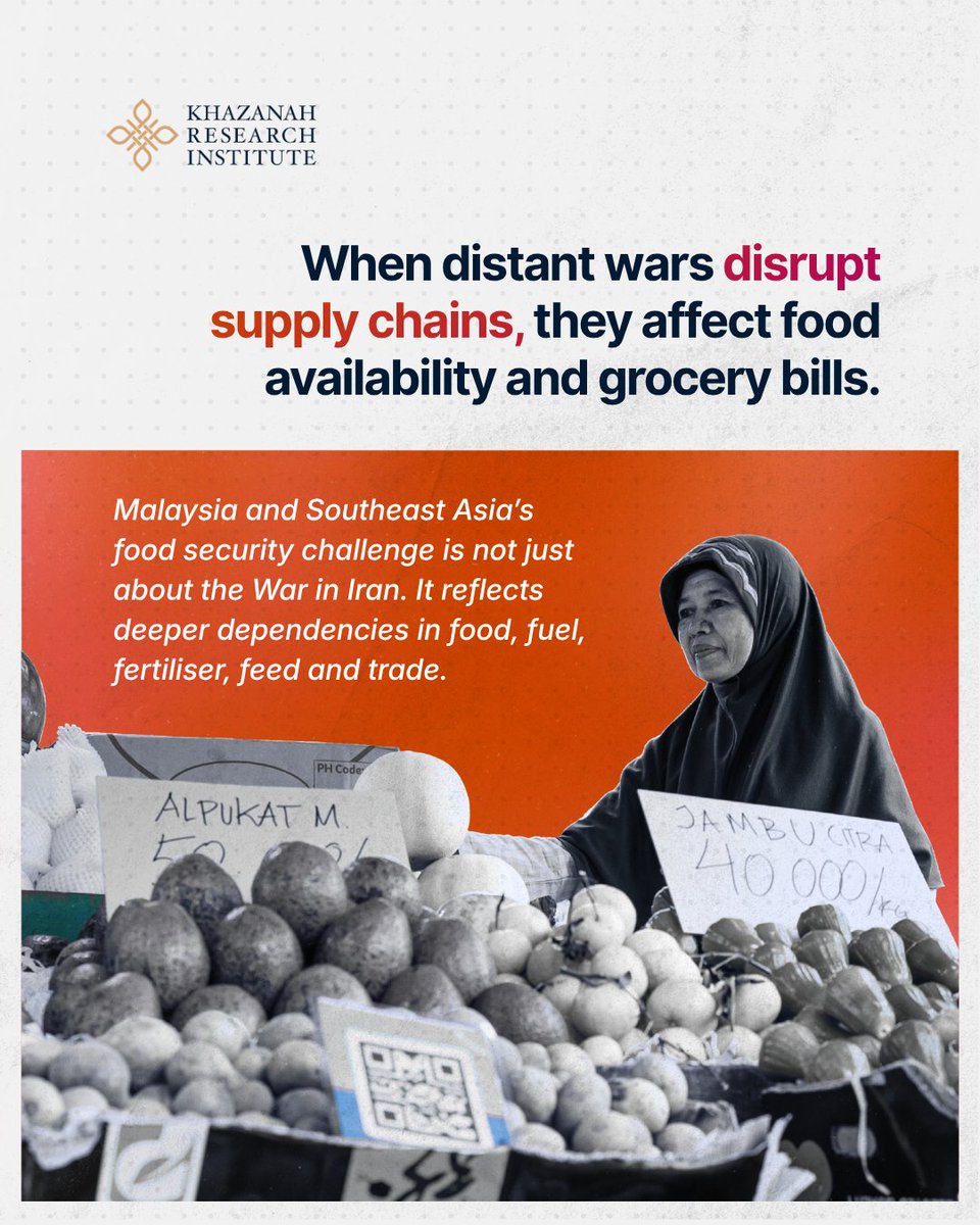 KRInstitute's tweet photo. Global shocks do not just weaken food systems; they expose why regional cooperation matters more than ever.

When distant wars disrupt supply chains, the effects are quickly felt in food availability and prices.

This discussion paper situates Malaysia and Southeast Asia’s food dependencies within a longer geoeconomic arc shaped by US–China rivalry. It argues that current disruptions are not isolated shocks, but reflect deeper structural dependencies across trade, production, agricultural inputs, and regional supply networks.

The researchers, Christopher Choong, Teoh Ai Ni, Nik Syafiah Anis Nik Sharifulden and Adam Firouz, together with visiting researcher Dania Arissa Muhamad Zaharin, find that strengthening food security requires expanding domestic capacity without lapsing into food isolationism. Instead, resilience depends on balancing national production with deeper regional cooperation, anchored in existing ASEAN frameworks.

Read the full discussion paper via our website here: ⁠https://t.co/AXeHNj2TaG

#KhazanahResearchInstitute #KRI #AdvancingMalaysia #foodsecurity #geoeconomics