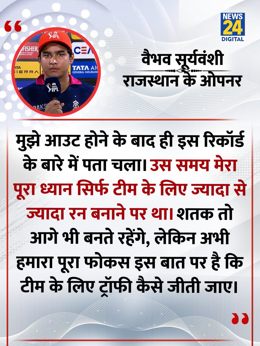 news24tvchannel's tweet photo. "शतक तो आगे भी बनते रहेंगे, लेकिन"

◆ शतक से चूकने पर बोले वैभव सूर्यवंशी 

#VaibhavSuryavanshi | Vaibhav Suryavanshi https://t.co/jNL7VSHVk5