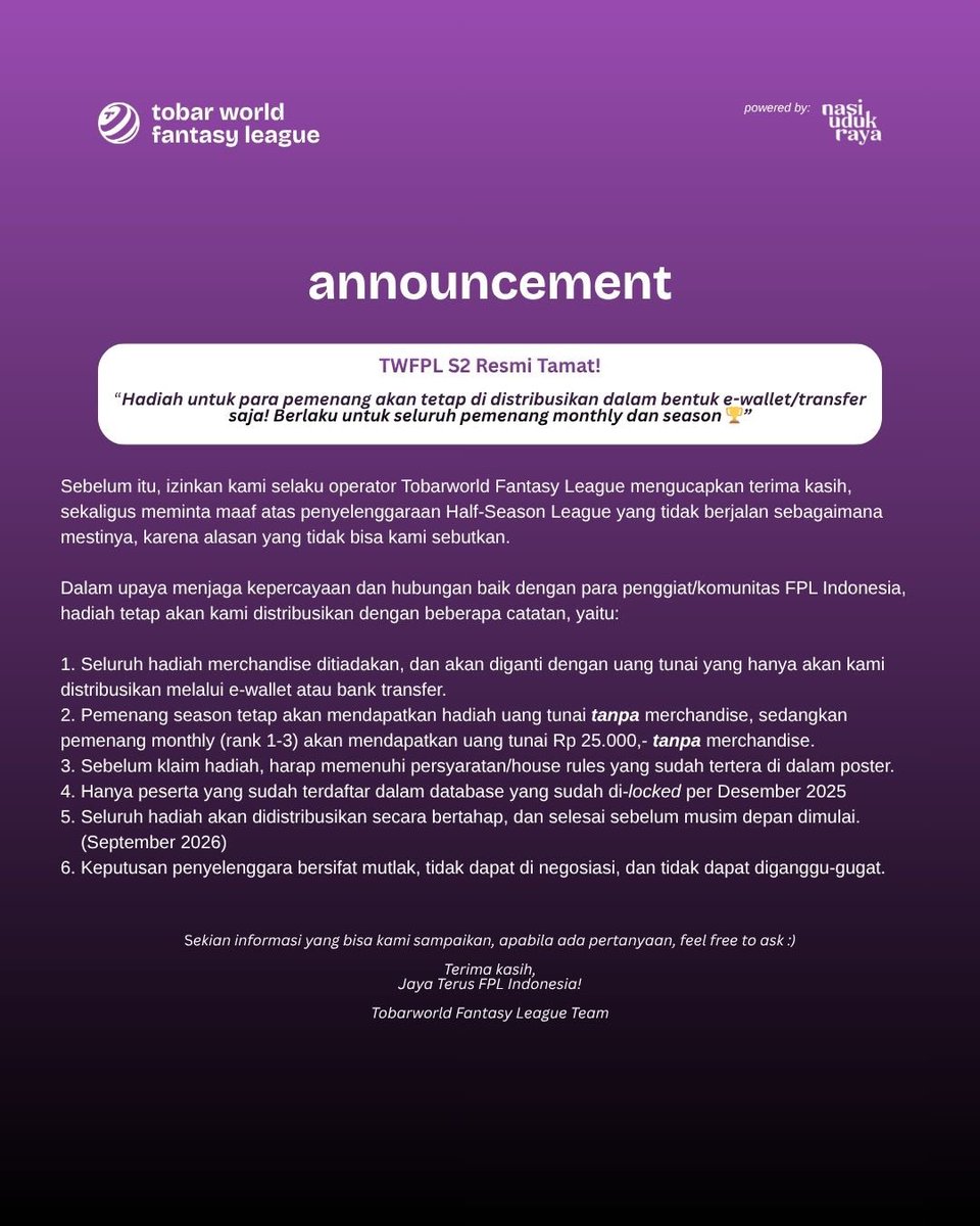 tobarworld's tweet photo. Selamat pagi, Guys!

Perhatikan dengan baik yaaa, ada announcement dari kami.

Sebelumnya kami meminta maaf kalo liga di musim ini kurang maksimal karna satu dan lain hal. Tapi jangan khawatir, untuk semua pemenang baik itu pemenang monthly, ataupun pemenang all season~ https://t.co/BgI430XlI2