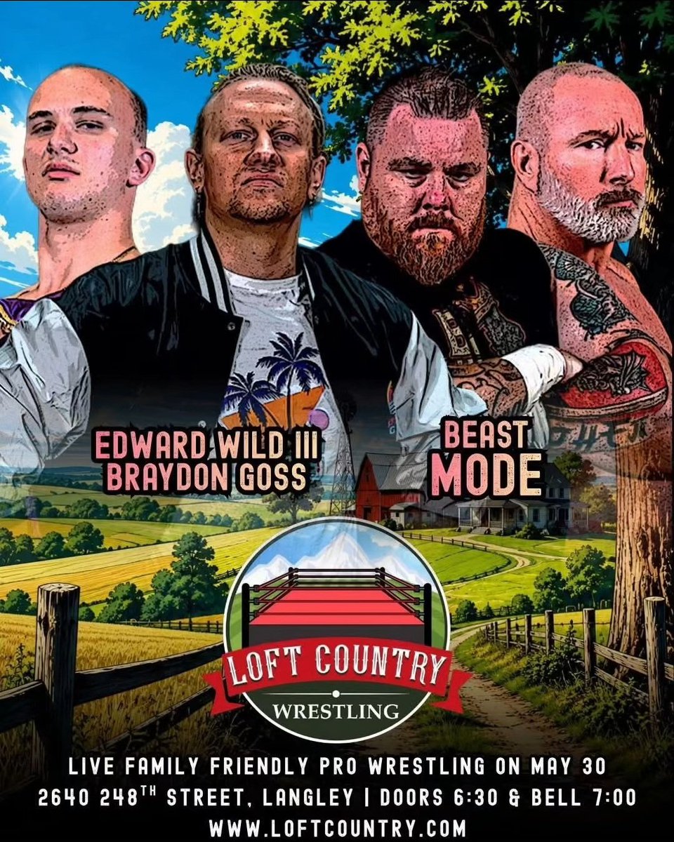 ProWrestleHub's tweet photo. By popular demand, Loft Country Wrestling is back👊
Enjoy a night of family friendly fun as your heroes hit the mat in spectacular fashion!

📆 Saturday, May 30th
🔔 7:00pm
📍 Loft Country, Langley
🎟 https://t.co/jWv7KHKEup

#prowrestling #pnwwrestling #supportindywrestling https://t.co/EJ9FmvTXWW