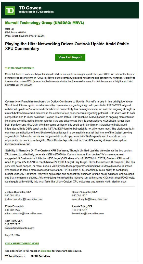 sean_________'s tweet photo. Early $MRVL comments:
Cowen: Custom XPU would need to grow >2x to $7B to reach Marvell's $10B Analyst Day target.
JPM: believe Marvell’s Trainium 4 ramp (2nm) has secured additional content wins for CPO, NVLink I/O chiplets, and UALink switching chip (splitting the opportunity with $ALAB) and has commenced design activities on Microsoft’s next gen 2nm Maia program.
MS: we likely need to see continued estimate revisions, additional evidence of sustained networking share/content gains, or increasing confidence around large custom ramps to become more constructive from current levels.
Cantor: What mgmt did not discuss in detail was the Google XPU-Attach biz, so some may be disappointed here
Goldman Sachs: We believe investor expectations were elevated heading into the quarter based on peers' reports, and robust spending at key customers. From here, we believe stock performance is likely to hinge on the magnitude of Marvell's custom compute ramp in 2H and upside to its overall Datacenter business.
Wells Fargo: Bus Tour this week.