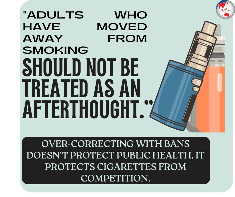 caphraorg's tweet photo. "Adults who have moved away from smoking should not be treated as an afterthought."
Over-correcting with bans doesn't protect public health. It protects cigarettes from competition. #HealthPolicy #AsiaPacific #HarmReduction https://t.co/d4jZ6itQaO https://t.co/xEKNXEwY63