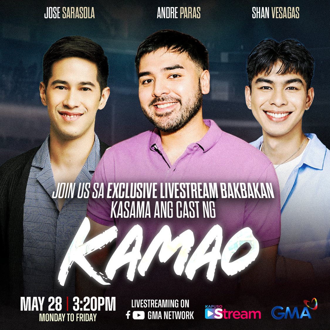 gmanetwork's tweet photo. LIVE TAYO ULIT! 🔥

Makisabay sa kulitan, chikahan, at watch party kasama sina Shan Vesagas, Jose Sarasola, at Andre Paras habang sabay-sabay nating pinapanood ang maiinit na eksena sa #KAMAO! 💥🥊

MAMAYANG 3:20 PM na ’yan! 👀

#AndreParas #ShanVesagas #JoseSarasola #KapusoFYP https://t.co/811V3ZO0Sp
