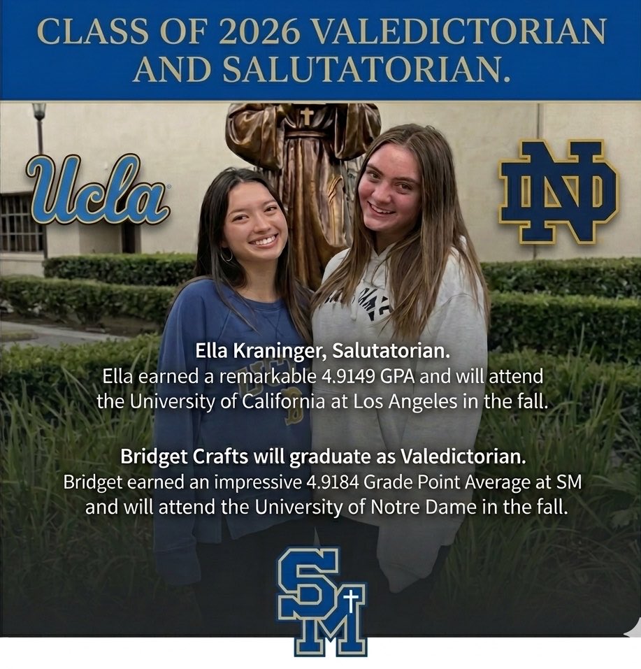 SMCHSEagles's tweet photo. From the Eagles’ Nest to two legendary campuses. The Class of 2026 salutatorian and valedictorian are headed to cheer on the UCLA Bruins and Notre Dame Fighting Irish next fall.☘️🐻 https://t.co/SsDtLB9mAB