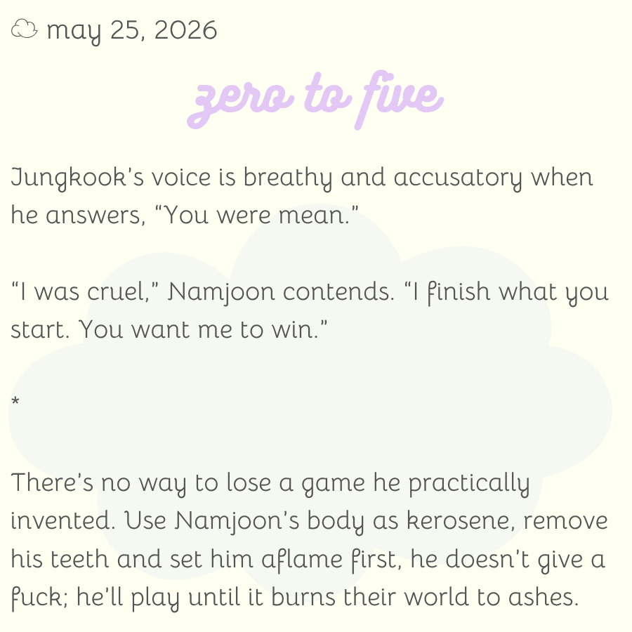 bedtimebangtan's tweet photo. 05/25

monday's fic is zero to five by disillusioned/@iIIusionment - read it here: https://t.co/IeKvYVD1ao

remember to check those tags before reading and leave a kudos/comment to show your love 💜 https://t.co/53Zc6XC8tm
