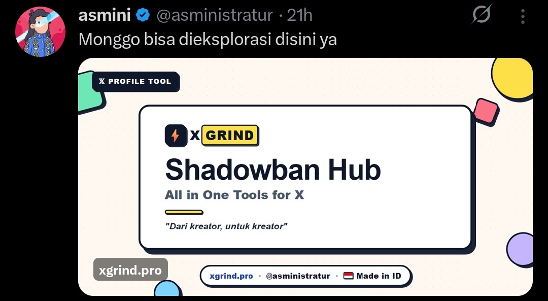 asministratur's tweet photo. Anjay
Sekarang tiap kalian drop link XGRIND, bakal muncul banner baru kaya gini 

Thank you Elon and X Dev Team 👑

Btw...
Aku dapet banyak dm/mention yang makasih ke XGRIND, makasih supportnya juga yaaa mari kita growth bareng2.

Aku sendiri bayangin kalo gapake xgrind, pake Yuzurisa aja, mungkin dibilang safe, gas terus

Endingnya, ekosistem X Indo bakal sama kaya negara lain, spammy 😅

Balik lagi, selain fitur cek followers, fitur apa lagi yang kalian pengen ada?