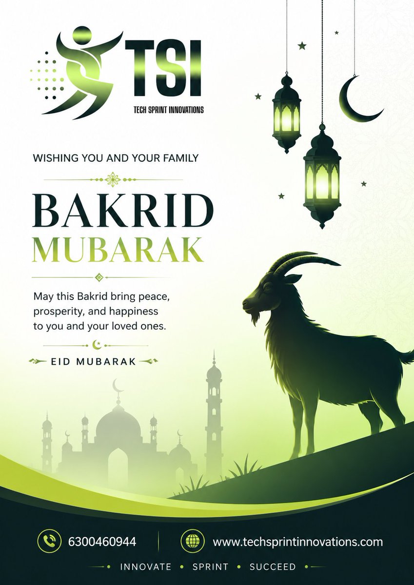 Tech_Sprint_Inv's tweet photo. Bakrid Mubarak from Tech Sprint Innovations! 
Let’s celebrate the spirit of sacrifice, gratitude, and togetherness with love and positivity.
Wishing everyone  blessed Eid!
📞 6300460944
#BakridMubarak #EidMubarak #TechSprintInnovations #TSI https://t.co/70UmYjV6wh