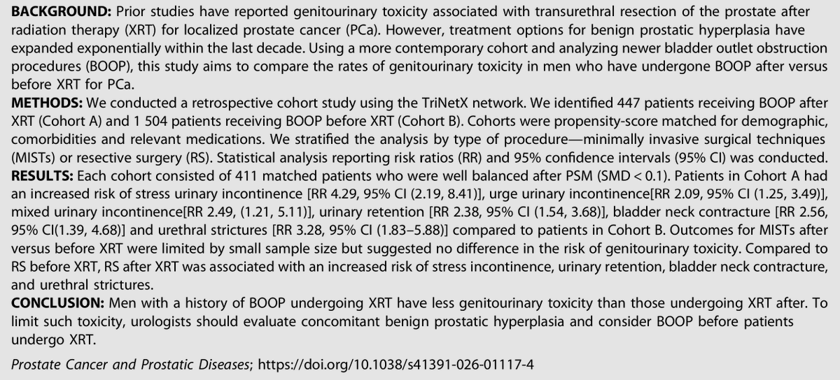 RRGonzalezMD's tweet photo. Is there value in correcting bladder outlet obstruction (BOO) from BPH prior to radiation for prostate cancer🤔? There sure is. Sequencing is key. Less complications that way. Check out our new publication:
 https://t.co/d8R77wIvrc

@HMethodistUro @CarlosARiverosS @RenilTitus @OlamideOmidele @UroAnnie @JohnnySuMD @DrRajSat @SocietyofBPD @UroOnc @ARRO_org @AndrewFarach @HMethodistMD