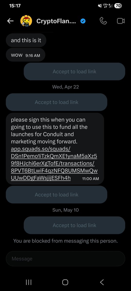 Kenkeng420's tweet photo. I minted a @conduitexchange founders pass. 25 USD worth. And the developer @cryptoflan decided to block me on X and wanted to use the money in the squads wallet to push a defunct hype. SMH! https://t.co/9fprKLCn0l