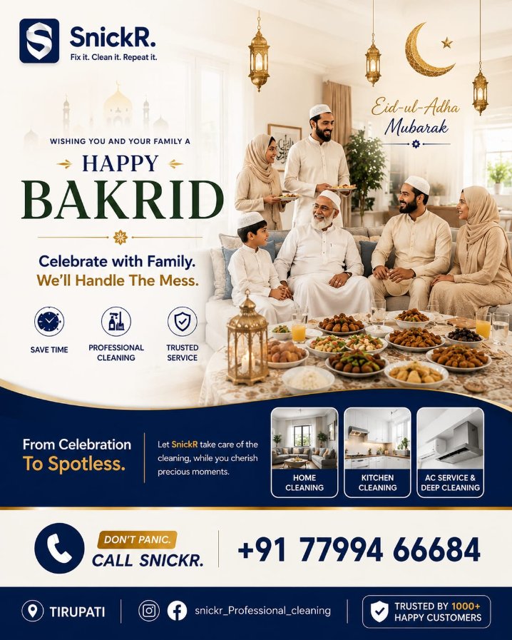 snickrservices's tweet photo. 🌙✨ Eid-ul-Adha Mubarak from SnickR! ✨🌙

Celebrate Bakrid with your loved ones while SnickR takes care of the cleaning. 🏠🧼

Celebrate with Family.
We’ll Handle The Mess. ✨

📍 Tirupati &amp; Nellore
📞 Call SnickR: +91 77994 66684

#SnickR #BakridMubarak #EidUlAdha #Eid https://t.co/7xaDECvuub