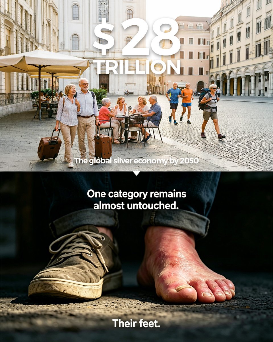 TheFitVille's tweet photo. The global silver economy will reach $28 trillion by 2050. 

Brands are fighting for the 60+ consumer's attention.

Anti-aging skincare. Cognitive health. Joint supplements. Senior fitness.

One category remains almost entirely unaddressed.

The thing this population uses more than anything else — Their feet.