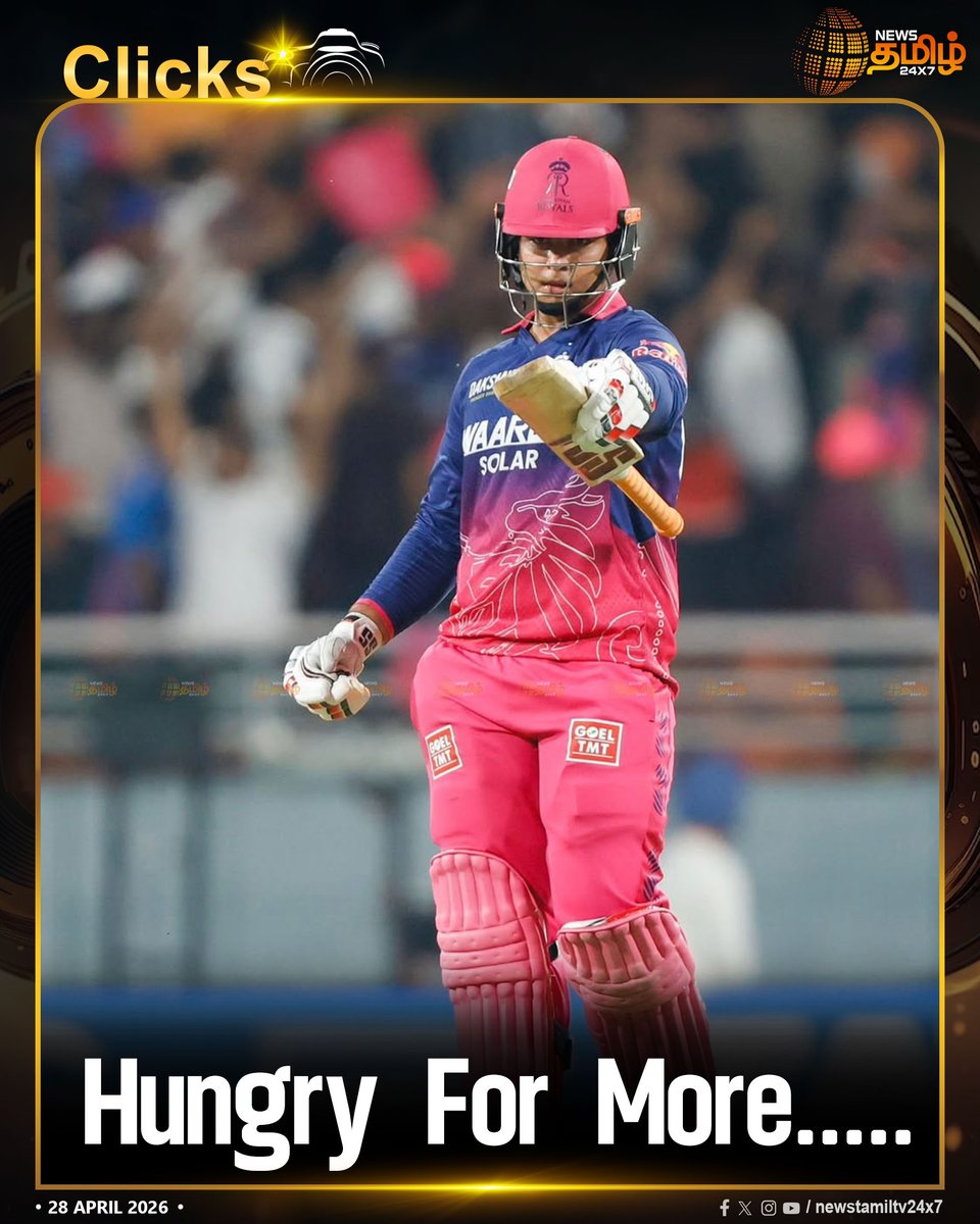 NewsTamilTV24x7's tweet photo. EliminatorMatch || Hungry For More.....
Vaibhav | New Achievement
#VaibhavSuryavanshi #IPL2026 #EliminatorMatch #CricketNews #CenturyMiss97Runs #TamilNews #Newstamil24x7 https://t.co/jHKipdgBbm