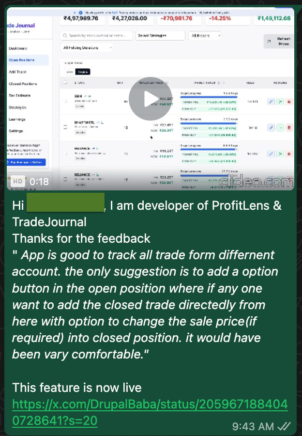 DrupalBaba's tweet photo. 💬 Your ideas actually ship

A user asked for feature - it just landed in v3.3.0. 🚀

Got a feature in mind? An annoyance you'd love fixed? Tell me here 👇
https://t.co/1oUWYvdLnA

I read every one. The next release could be your idea. 🙌

#tradejournal #Nifty #stocks https://t.co/MVkbGs0lwW