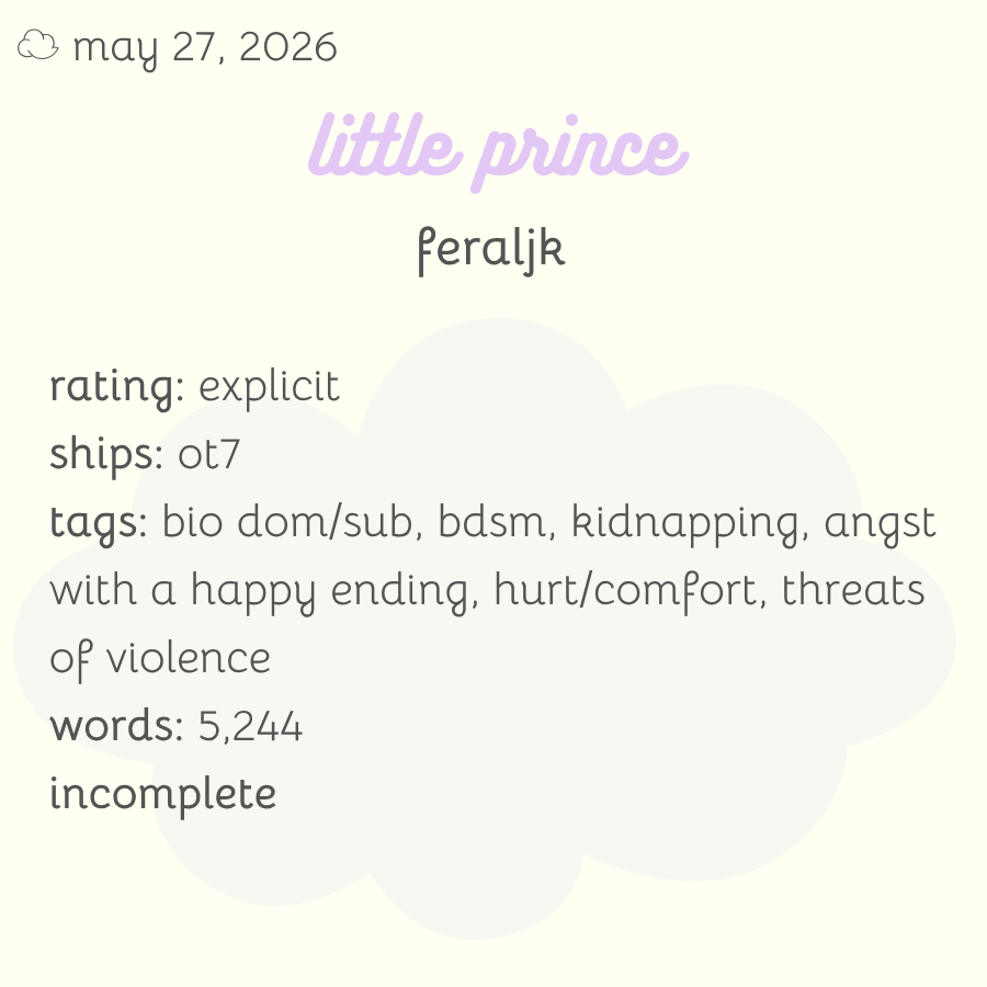 bedtimebangtan's tweet photo. 05/27

for wip wednesday, please enjoy little prince by @feraljk - read it here: https://t.co/y8OblC6Nr8

remember to check those tags before reading and leave a kudos/comment to show your love 💜 https://t.co/Ze81sSqu5C