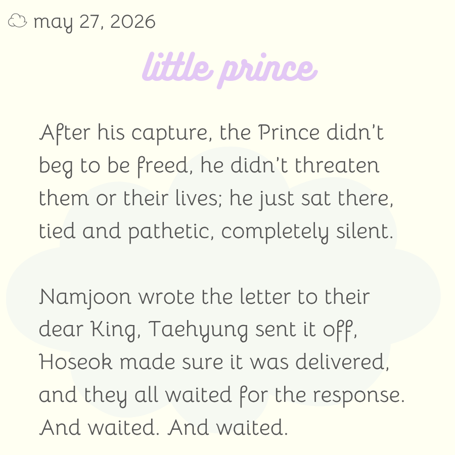 bedtimebangtan's tweet photo. 05/27

for wip wednesday, please enjoy little prince by @feraljk - read it here: https://t.co/y8OblC6Nr8

remember to check those tags before reading and leave a kudos/comment to show your love 💜 https://t.co/Ze81sSqu5C