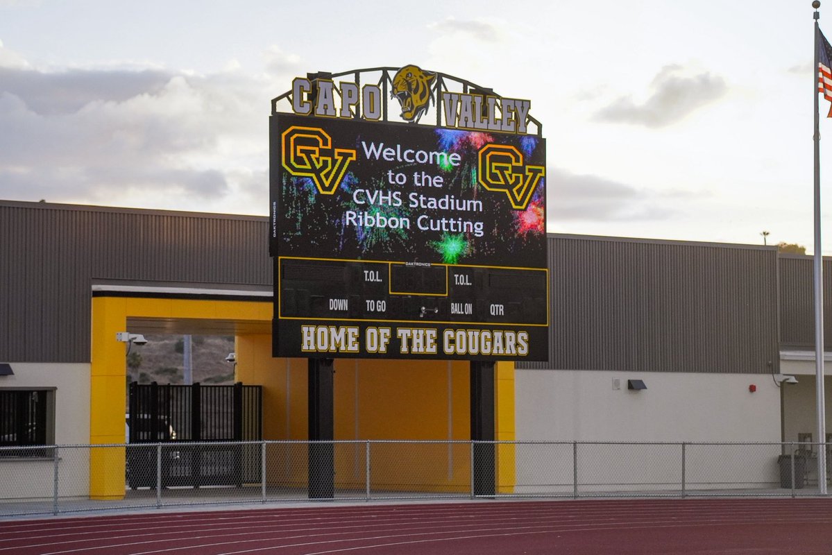 capofootball's tweet photo. An incredible night celebrating our stadium's official ribbon cutting alongside our district leaders, administration, faculty, cheer, and the Black &amp; Gold Brigade. The foundation is set, and the lights are officially on!

#WeAreCV 🐯🌴
#Team50 https://t.co/70qu2Qcj1J