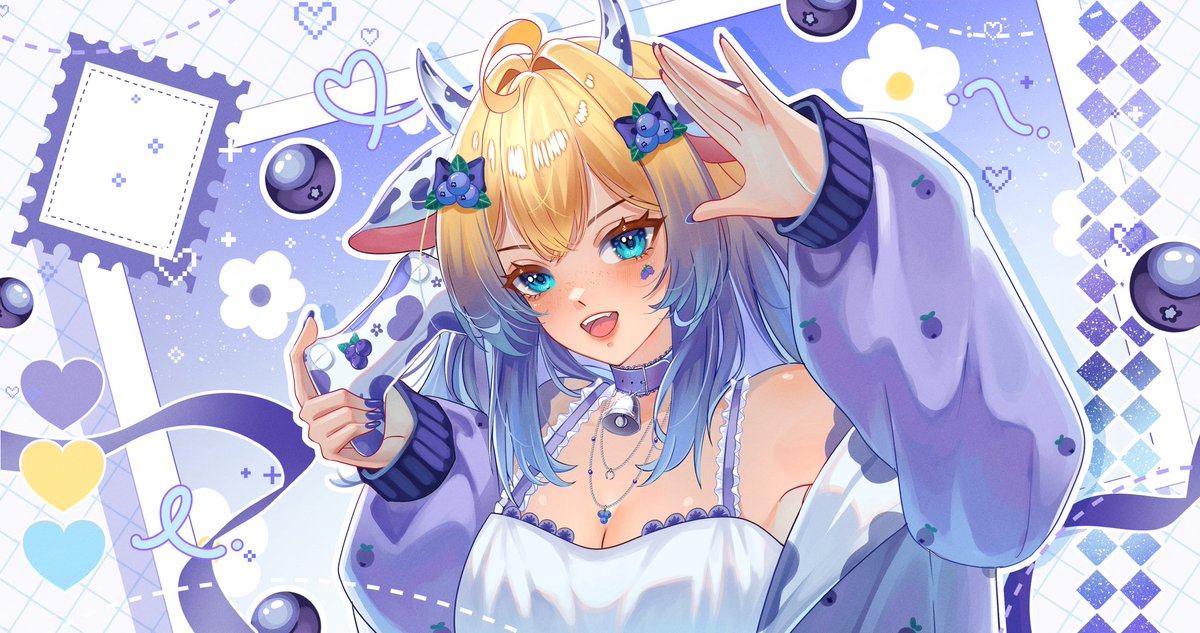 MooBerryGaming's tweet photo. 👀 Remember how...I said there is a surprise? 

Official blueberry cow cuteness June 15th, 2026! New banners, new emotes, new model, and more. 

Credit to these lovely artists: 

@angunawan14 for the video  

@Mik0rinmoe for the eyebanner, logo, and pf with controller art

 jannesart_ on fiverr for the vtuber model, feeding blueberry pf, and emotes https://t.co/cRDcxb9Lpz

Yumi on fiverr with the old chibi model  https://t.co/FtuqITaNux 

#vtuberdebut #vtuber #blueberry #cowvtuber #debut