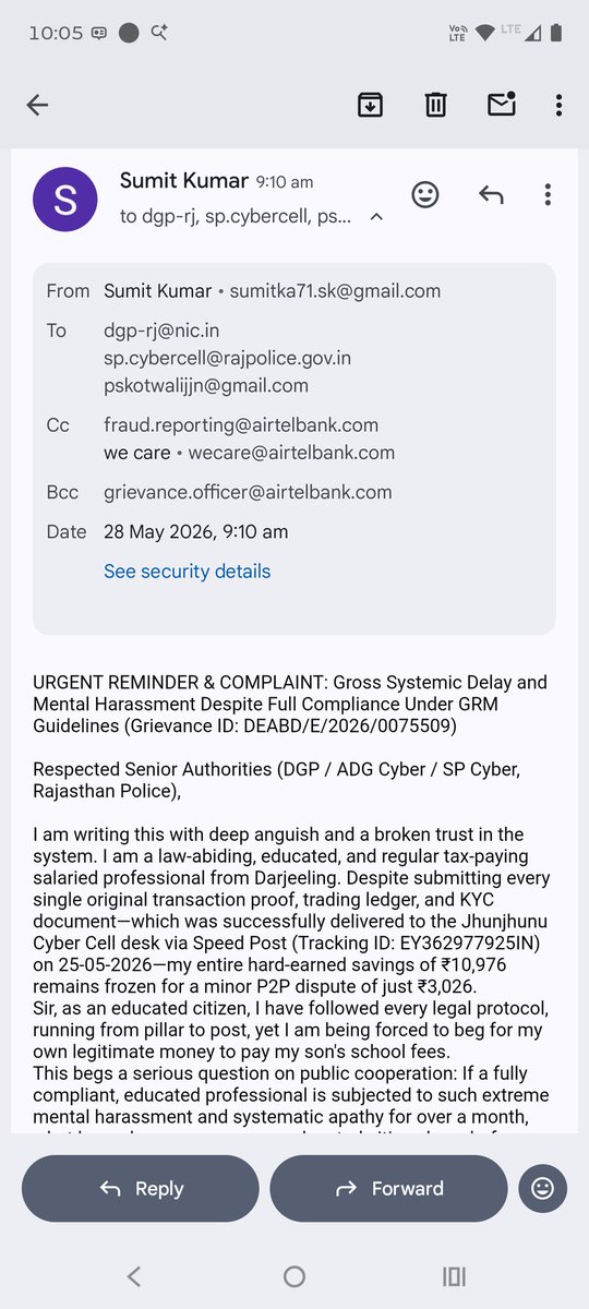 sumitka71's tweet photo. @JhunjhunuPolice @PoliceRajasthan @RajCMO @dilipatil @Parmanu_bam @BhajanlalBjp @RBI @NhrcIndia @suchetadalal @PMOIndia @airtelbank @airtelindia @Airtel_Presence @SushantBSinha Sir @JhunjhunuPolice, aapke isi tweet ke sandarbh mein: Main Darjeeling se physically nahi aa sakta tha, isliye saare original transaction proofs aur KYC documents SPEED POST (Tracking ID: EY362977925IN) se bhej diye hain jo 25 May ko hi delivered hain. (1/2) @HMOIndia @aajtak https://t.co/n4r0Ylmm93