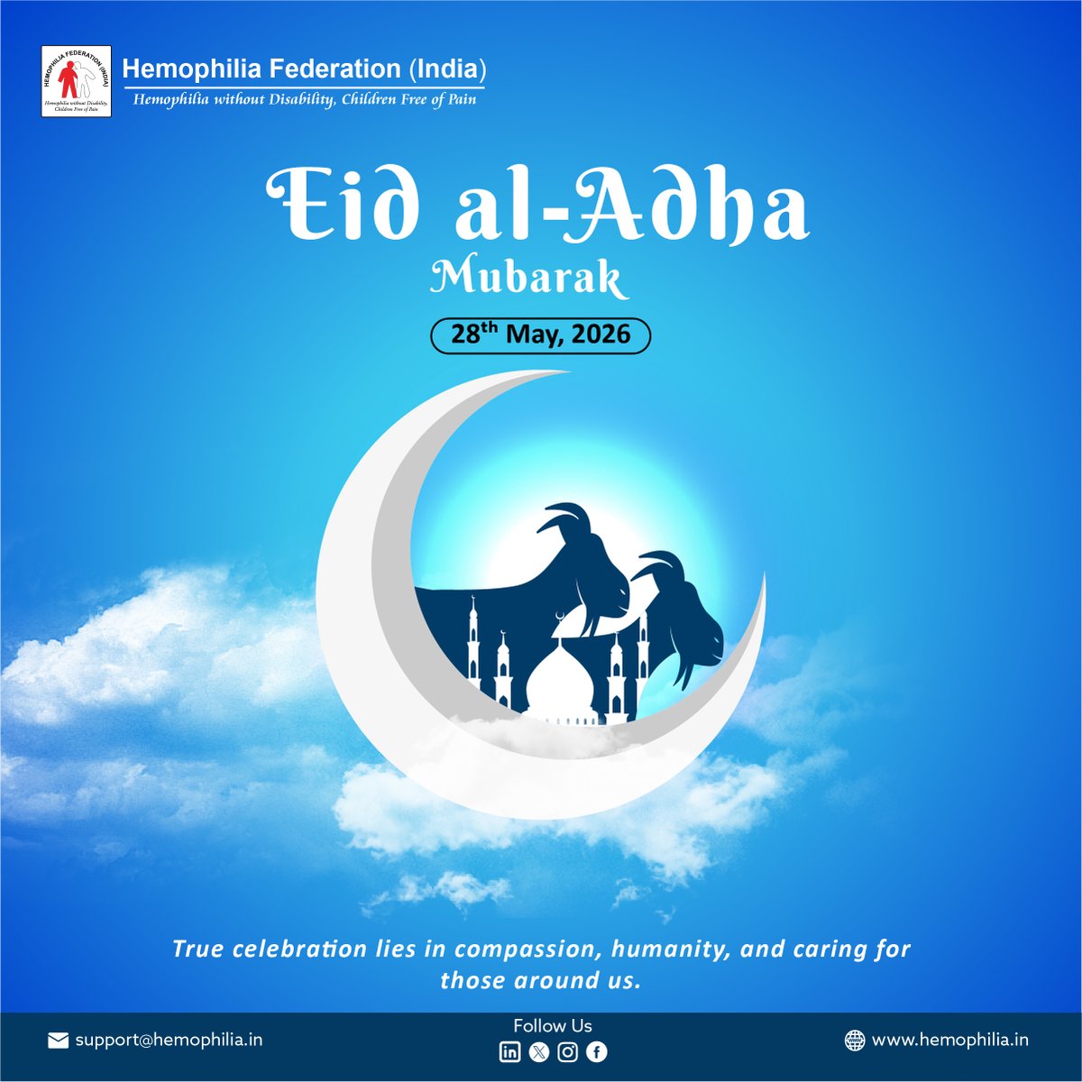 HemoIndia's tweet photo. 𝗘𝗶𝗱 𝗮𝗹-𝗔𝗱𝗵𝗮 𝗠𝘂𝗯𝗮𝗿𝗮𝗸 🌙✨

On this special occasion, may the spirit of sacrifice, kindness &amp; generosity inspire us to strengthen the bonds of care and support within our communities.

Wishing peace, happiness, good health, and hope to every individual and family. https://t.co/RN3JTMSyzd
