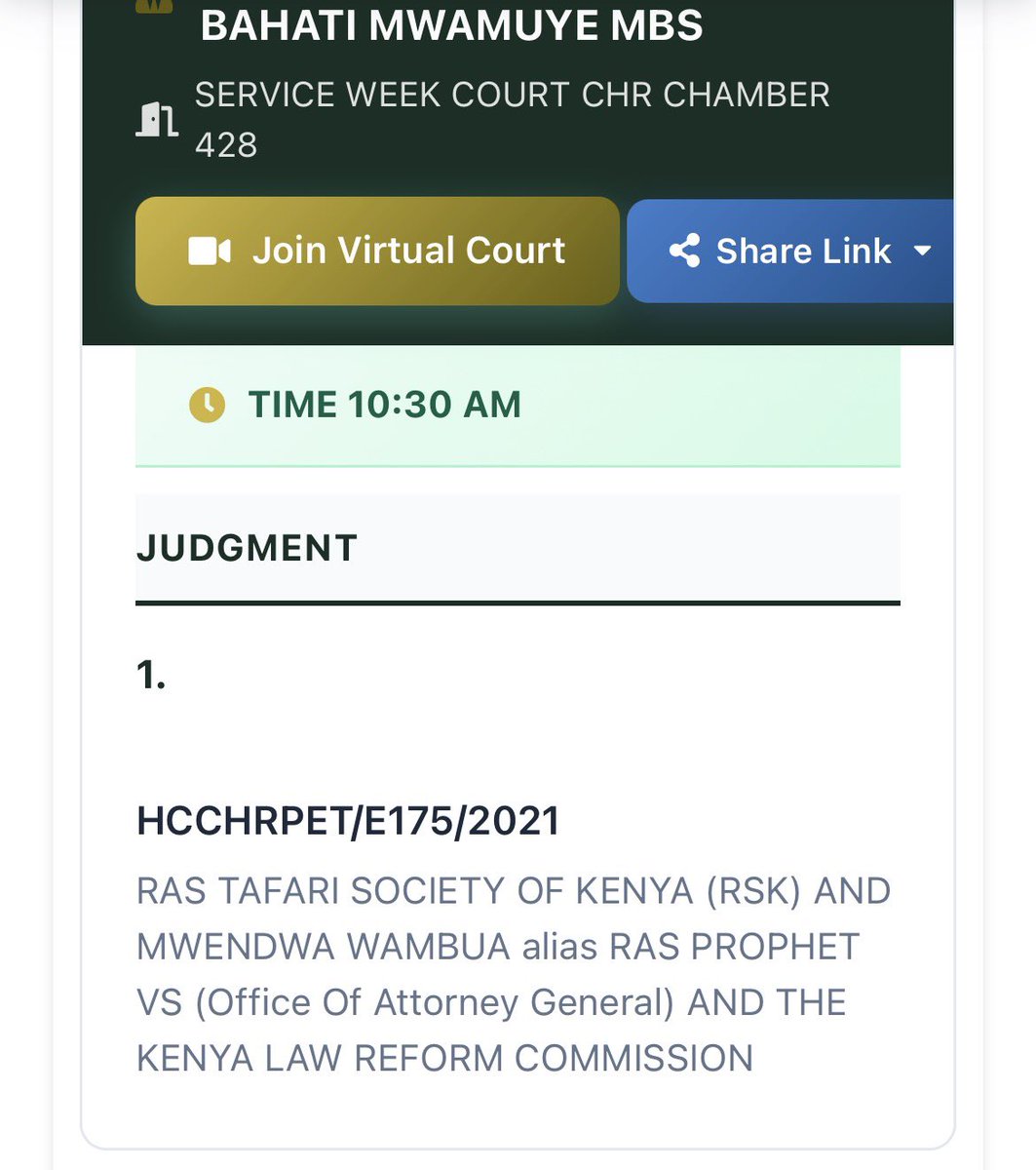 netobenjamink's tweet photo. Justice Bahati Mwamuye MBS, former judge the High Court of Kenya at Milimani, will today deliver the judgement in Ras Tafari Society of Kenya (RSK) and Mwendwa Wambua alias Ras Prophet v AG & Kenya Law Reform Commission.🔥🔥
The Petition seeks legalisation of Bhang for religious use. Link⬇️
 https://t.co/ogNNLzLMZr