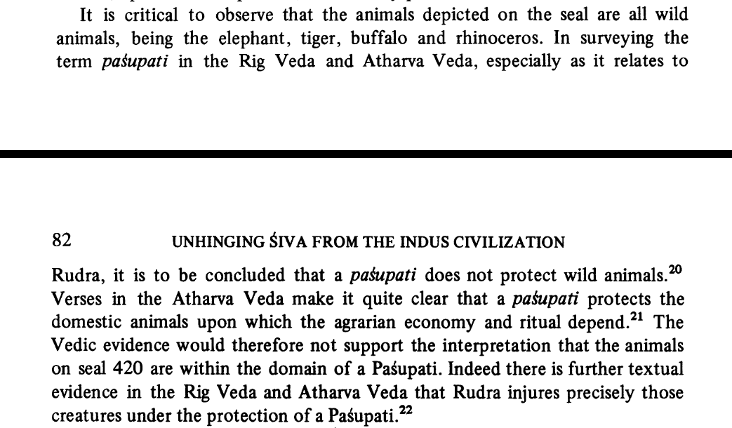 sharmasatyan's tweet photo. In this paper shared by her, the author says that the seal shows wild animals, and as per Atharvaveda 11.2.9, it becomes clear that 'Paśupati' does not protect wild animals. Hence, there's no Vedic connection.

But there are these problems. 

[1/n] https://t.co/2glOzan1rJ