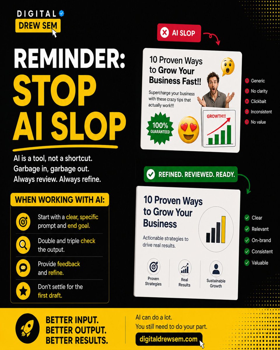 digitaldrewsem's tweet photo. AI is not your strategy. It’s your assistant.

Too many brands are publishing generic, clickbait “AI content” and wondering why it doesn’t convert.
The difference isn’t the tool, it’s the thinking behind it.

At Digital Drew SEM, we use AI to enhance strategy, not replace it. https://t.co/fKAmAlwc66