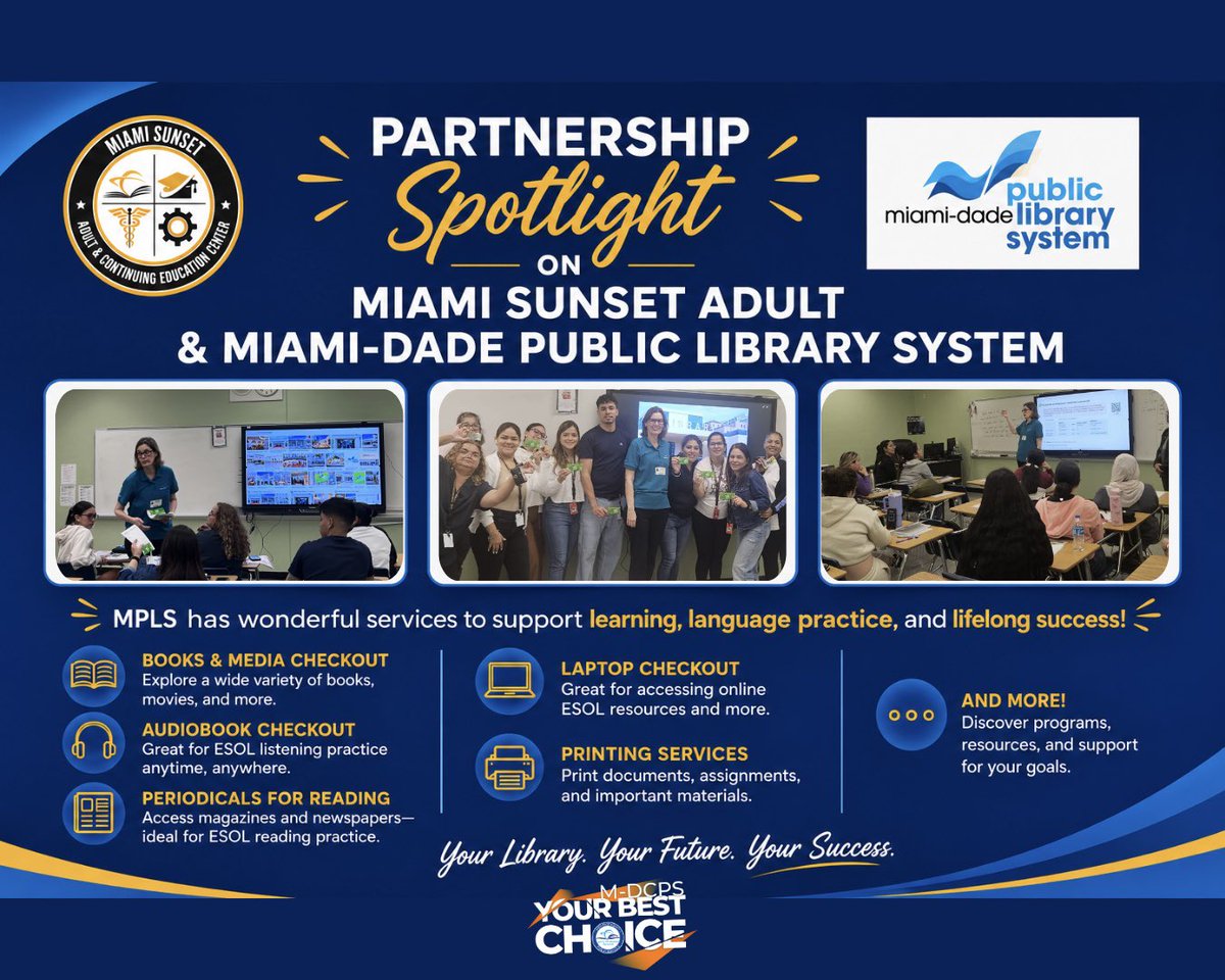 sunset_adult_ed's tweet photo. Partnership Spotlight! 📚✨
Miami Sunset Adult & the Miami-Dade Public Library System working together to support lifelong learning, literacy, and student success. #PartnershipSpotlight #MiamiSunsetAdult #MDPLS #yourbestchoicemdcps https://t.co/tyW8OI7rGa