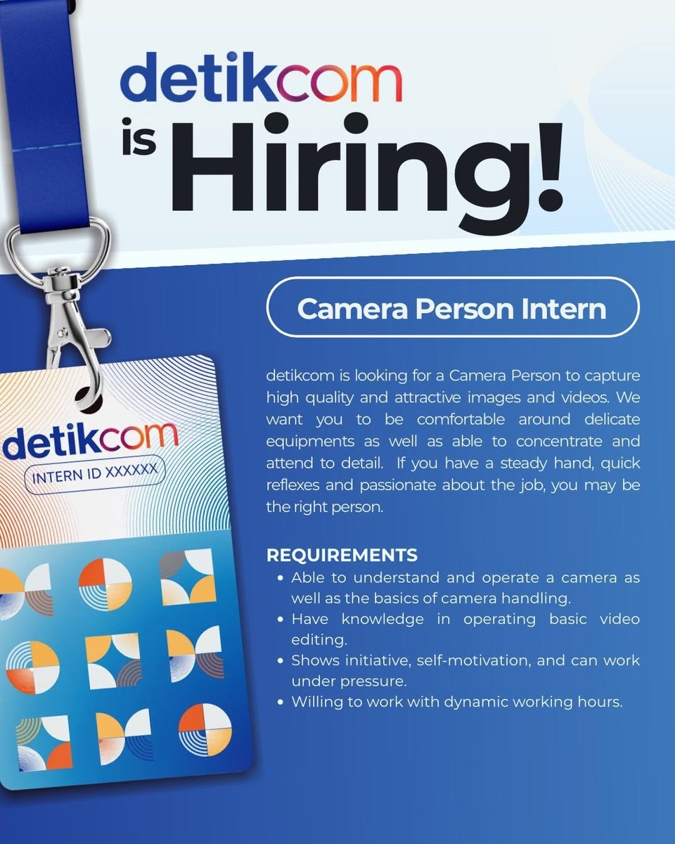 disiniloker's tweet photo. ๐ข Info lowongan kerja (loker)/Magang/Intern (PAID)
Detikcom
๐งโ๐ป Social Media, Video Editor, Audio Person, Camera Person, Creative, Content Writer, Campaign & Event Marketing
๐ Jakarta
๐ https://t.co/IA2CIOEp7G
#disinimagang #magang #internship #infomagang #infointernship https://t.co/NUErab8QLI