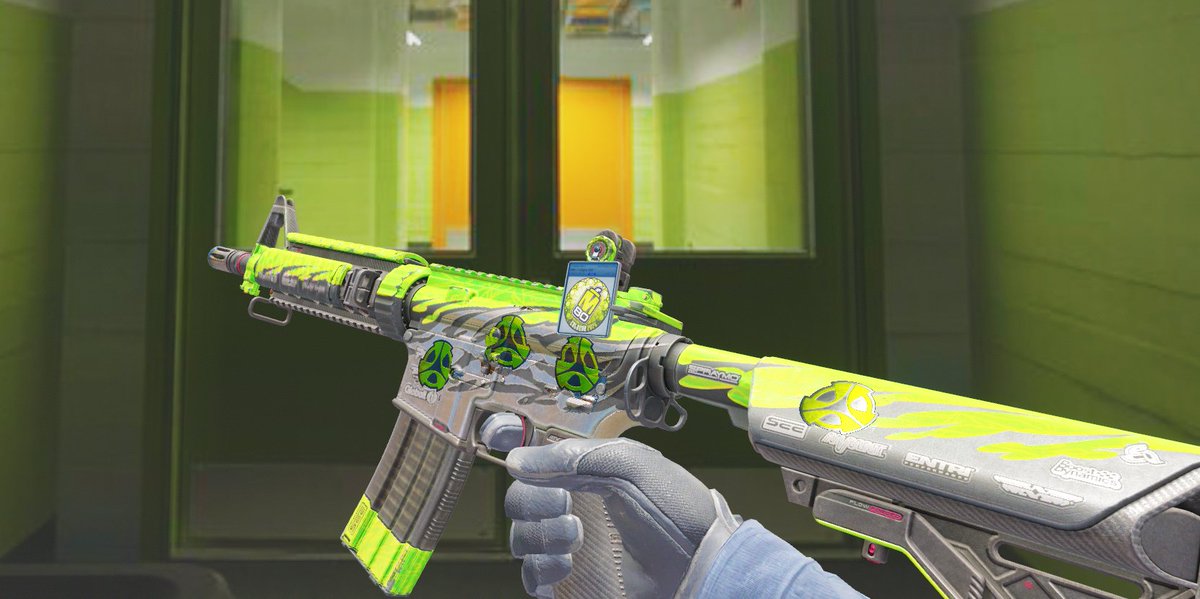 BadIsTonic's tweet photo. My humble little craft that can be afforded in this economy💚

M4A4 | Full Throttle with 4x *scraped* M80 (Foil) | Austin 2025 stickers applied.
1x Slabbed M80 | Cologne 2026 because I ain't paying $40 AUD for that holo smh. https://t.co/VS6gOY0SgS
