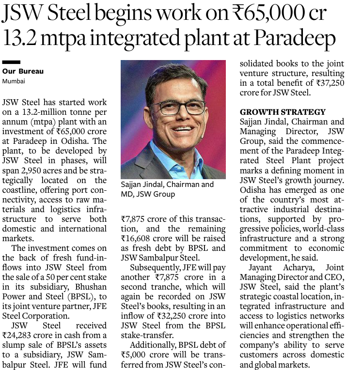 prasannavishy's tweet photo. JSW Steel begins work on a ₹65,000 crore steel plant at Paradeep, Odisha. Built on the exact land parcel where Posco's  $12 bn project failed nearly 20 years ago.

13.2 mtpa Phase 1 capacity. Targeted commissioning by 2029. Expandable to 25 mtpa in subsequent phases.
Adds 35% to JSW's current 37.9 mtpa total capacity.
Also includes 10 mtpa cement plant, 32 mtpa pellet plant & 900 MW captive power. @businessline
