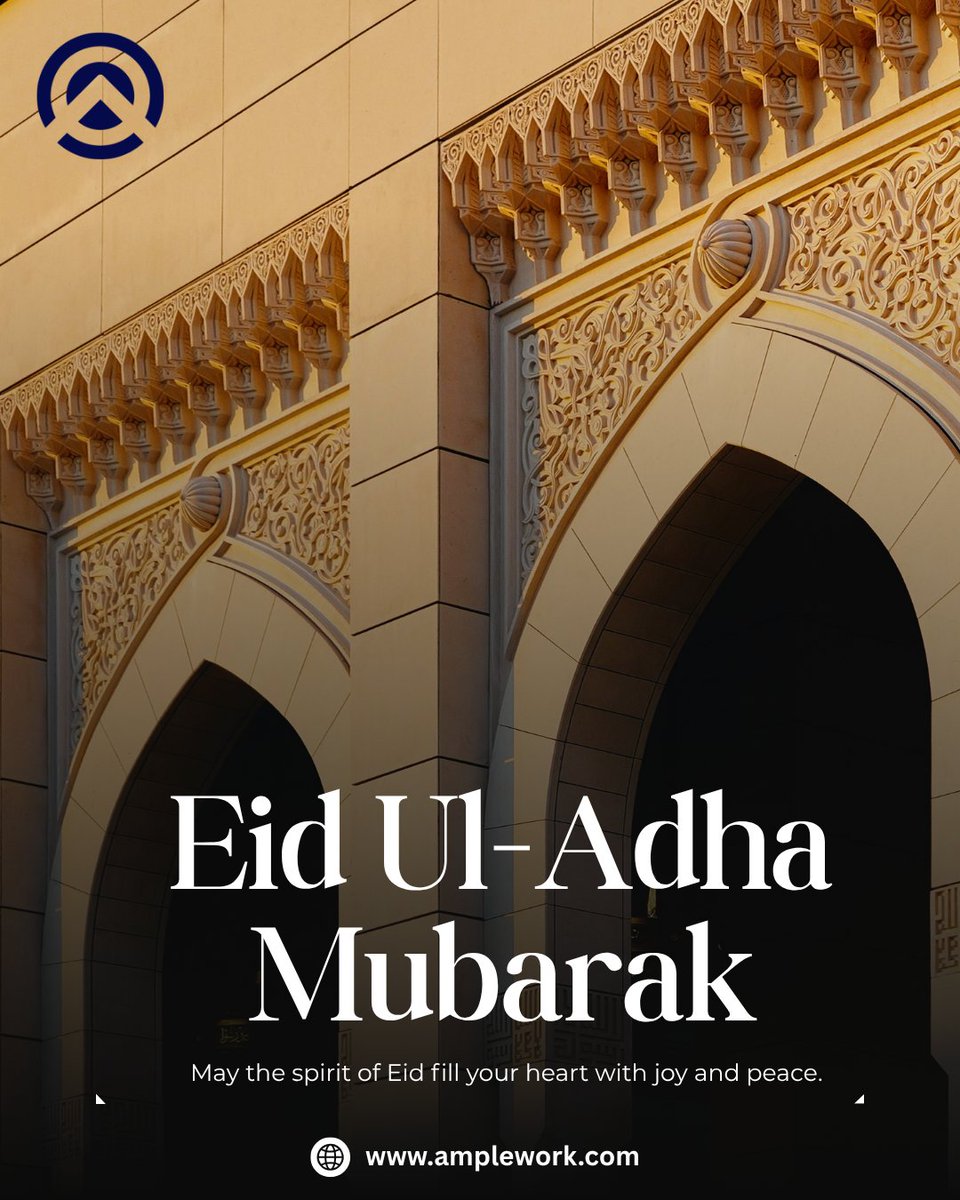 AmpleworkPvtLtd's tweet photo. Wishing you a very happy and blessed Eid ul-Adha from Amplework. 🌙
May this occasion bring fresh beginnings, good health, and happiness into your life and home.
Eid Mubarak!

#eidmubarak #eiduladha #happyeid #eidgreetings #amplework #peaceandprosperity #blessedeid https://t.co/nGiSqaGsed