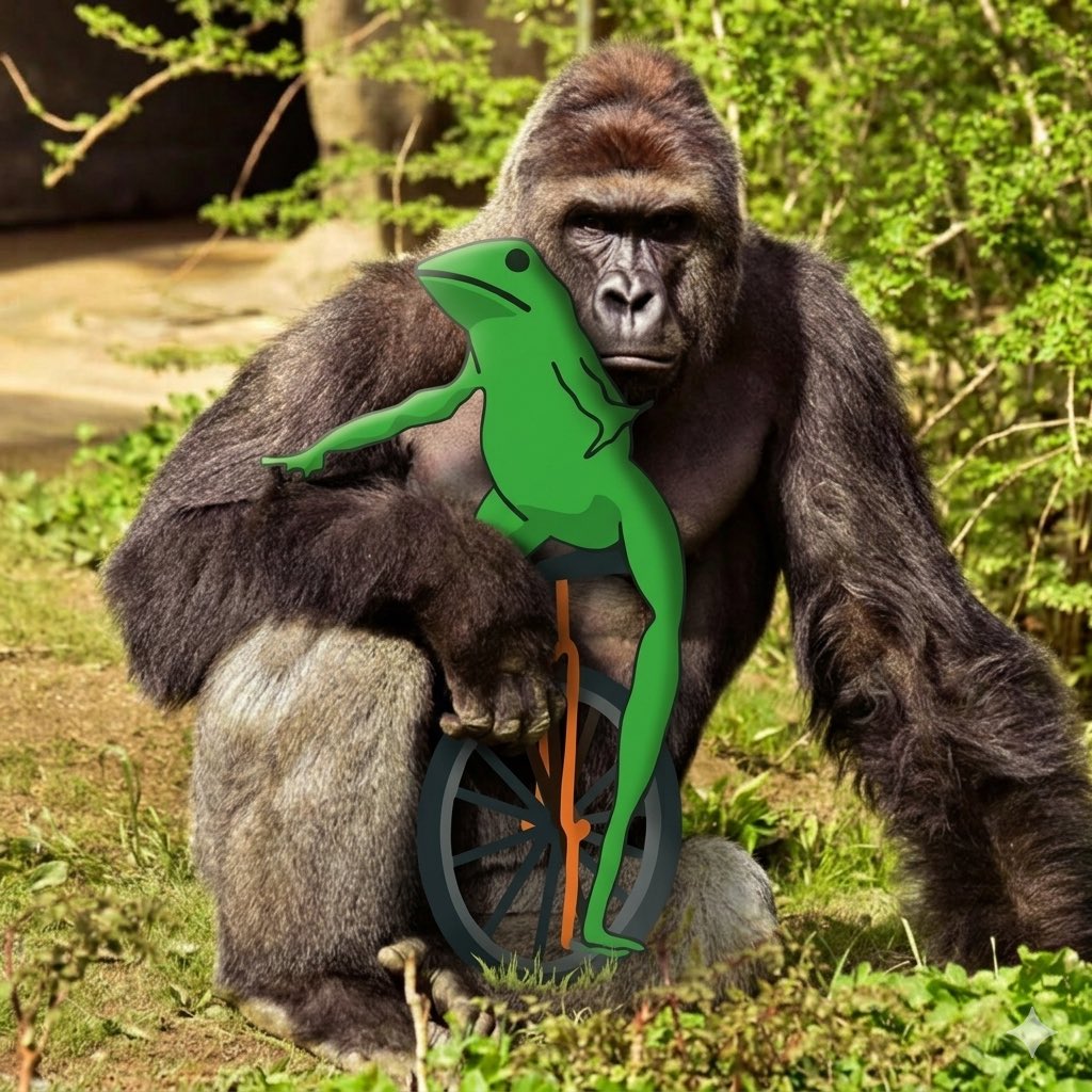 DatBoiInc's tweet photo. Oh shit waddup! 🐸🚲 Absolute legends linking up. Harambe giving Dat Boi the biggest hug in the afterlife. 🦍❤️ https://t.co/eG32Vg9b0d