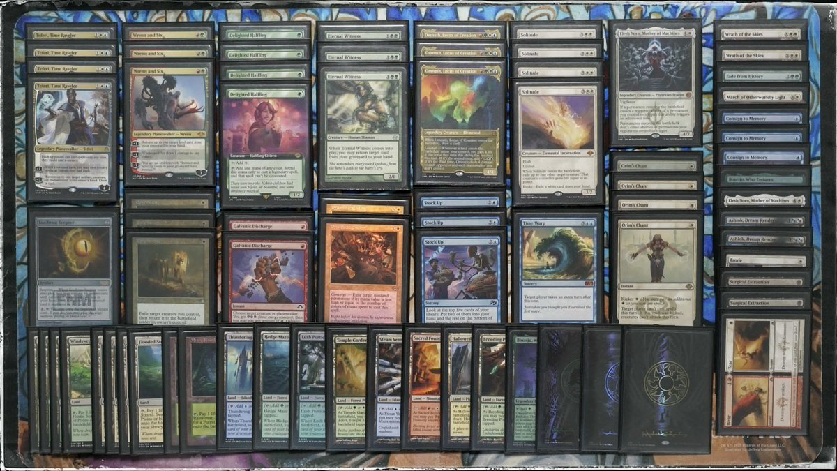smalltownmagic_'s tweet photo. 4 Color Time Warp, very fun control deck. 2-1 (3rd of 12) tonight at Modern. Slow getting started, but it slowly wraps around your opponent like a boa constrictor.

RD 1: ✅✅ (Simic Ritual)
RD 2: ❌✅❌ (Gruul Eldrazi Ramp)
RD 3: ✅✅ (Esper Goryo’s)

@DackFayden07 @Mengu09 https://t.co/WgnRjlbZwz