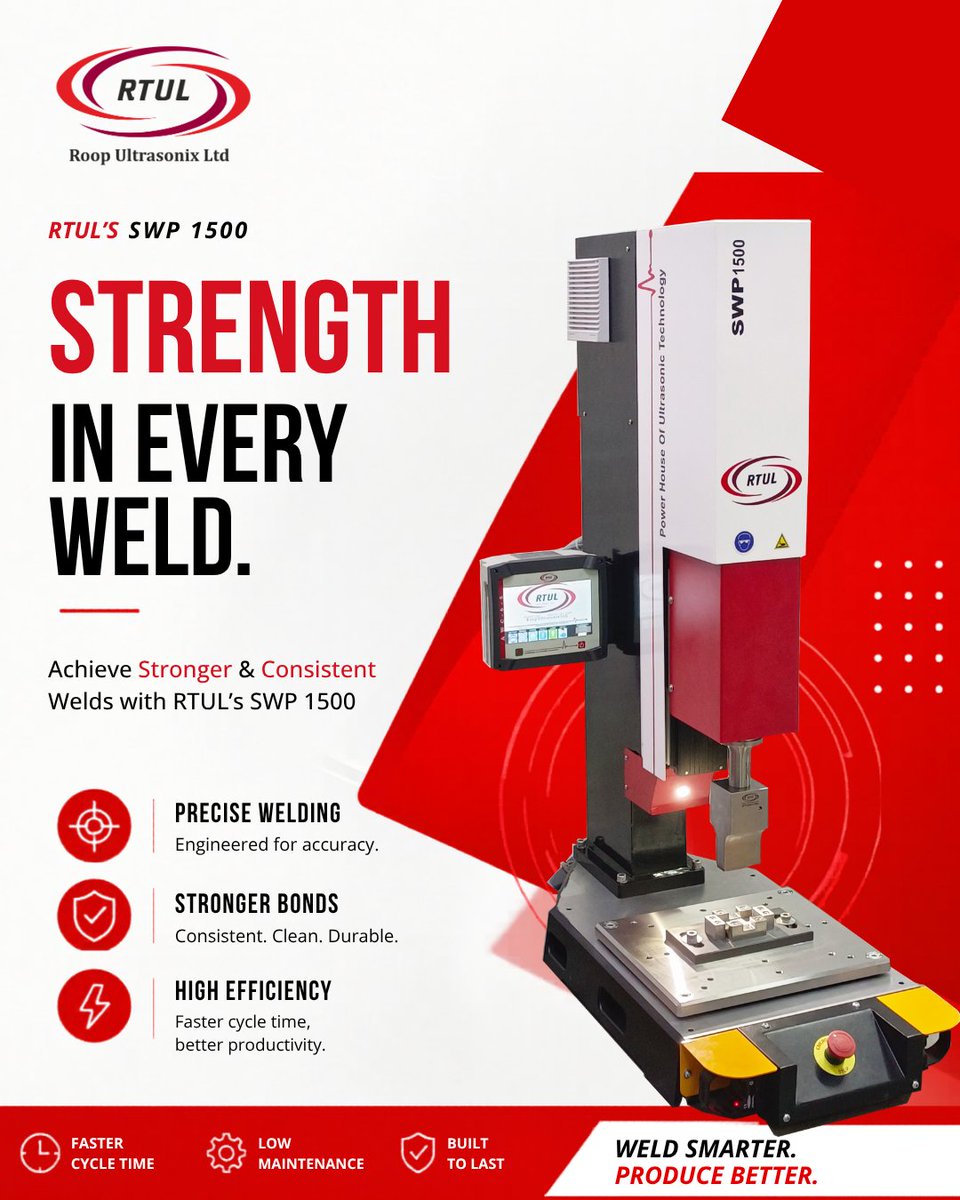 Rtul_group's tweet photo. Strength in every weld. ⚡

RTUL’s SWP 1500 delivers precise, stronger &amp; consistent ultrasonic welding with faster cycle times and reliable performance for modern manufacturing.

#RTUL #UltrasonicWelding #ServoPress #Manufacturing #IndustrialAutomation https://t.co/lebf5fIkum