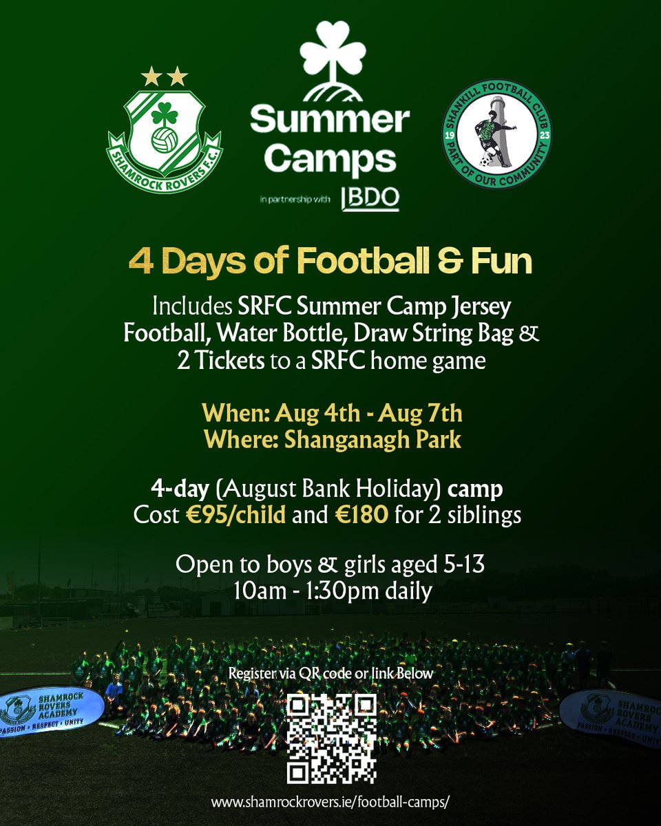 ShamrockRovers's tweet photo. Summer Camp l 𝐒𝐡𝐚𝐧𝐤𝐢𝐥𝐥 𝐅𝐂

📆 Tuesday 4 - Friday 7 August
📍 Shanganagh Park
⌚️ 10am - 1:30pm

Register for a SRFC Summer Camp near you ☘️

🔗 https://t.co/rzuKUNLTrN

In partnership with @BDOIreland 🤝 https://t.co/lpOYhOZtwz