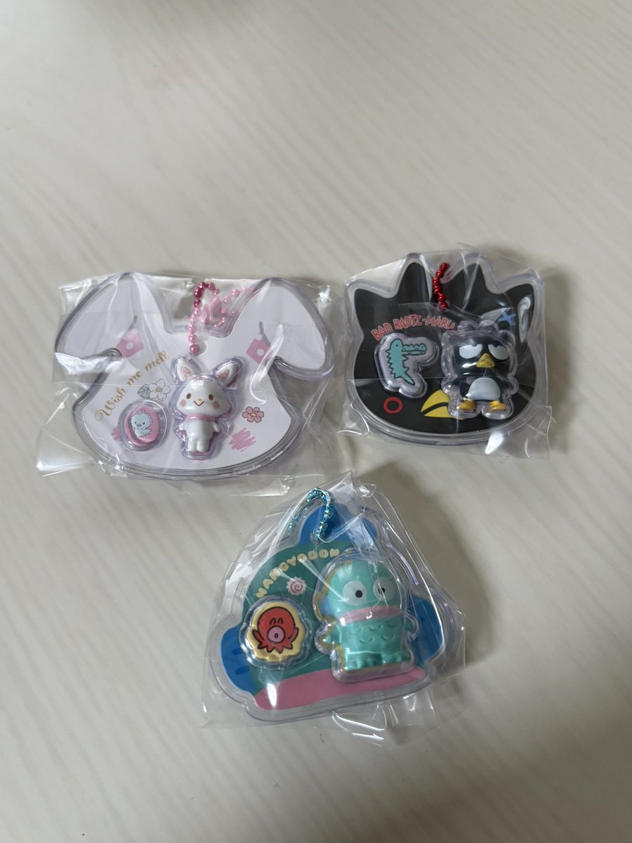 ___m_373_'s tweet photo. サンリオ パッケージチャーム 交換

【譲】ばつ丸　ハンギョドン
ウィッシュミーメル

【求】マイメロディ2種 https://t.co/dS7GS6QWGk